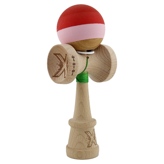 Kendama X Originala, Model V3 Rosu / Roz / Natur, Profesionala, Cupe Mari King Size, Rubber Grip, Gaura in Baza, Rulment, Ata 62cm