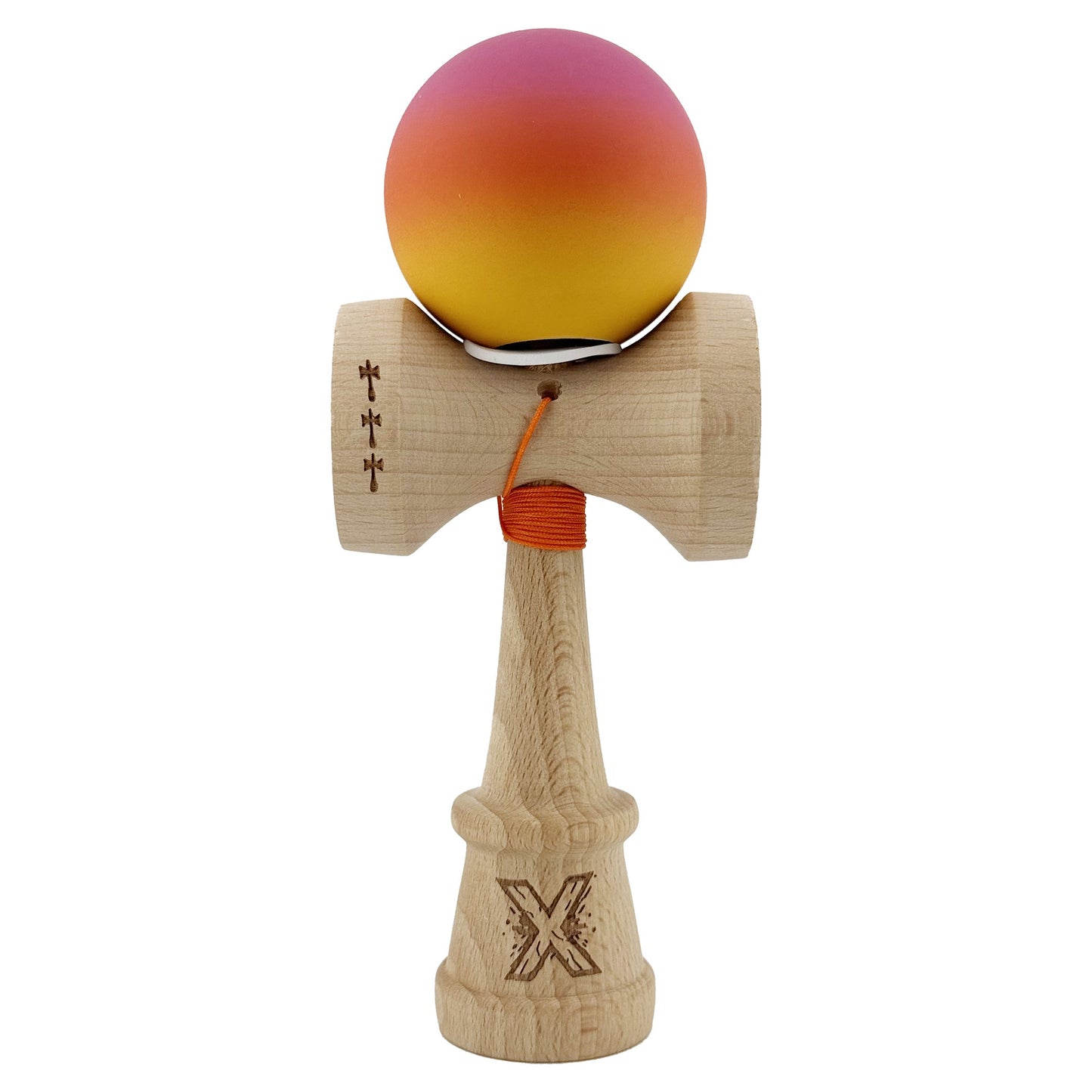 Kendama X Originala, Model V3 Roz / Portocaliu / Galben in Degrade, Profesionala, Cupe Mari King Size, Rubber Grip, Gaura in Baza, Rulment, Ata 62cm
