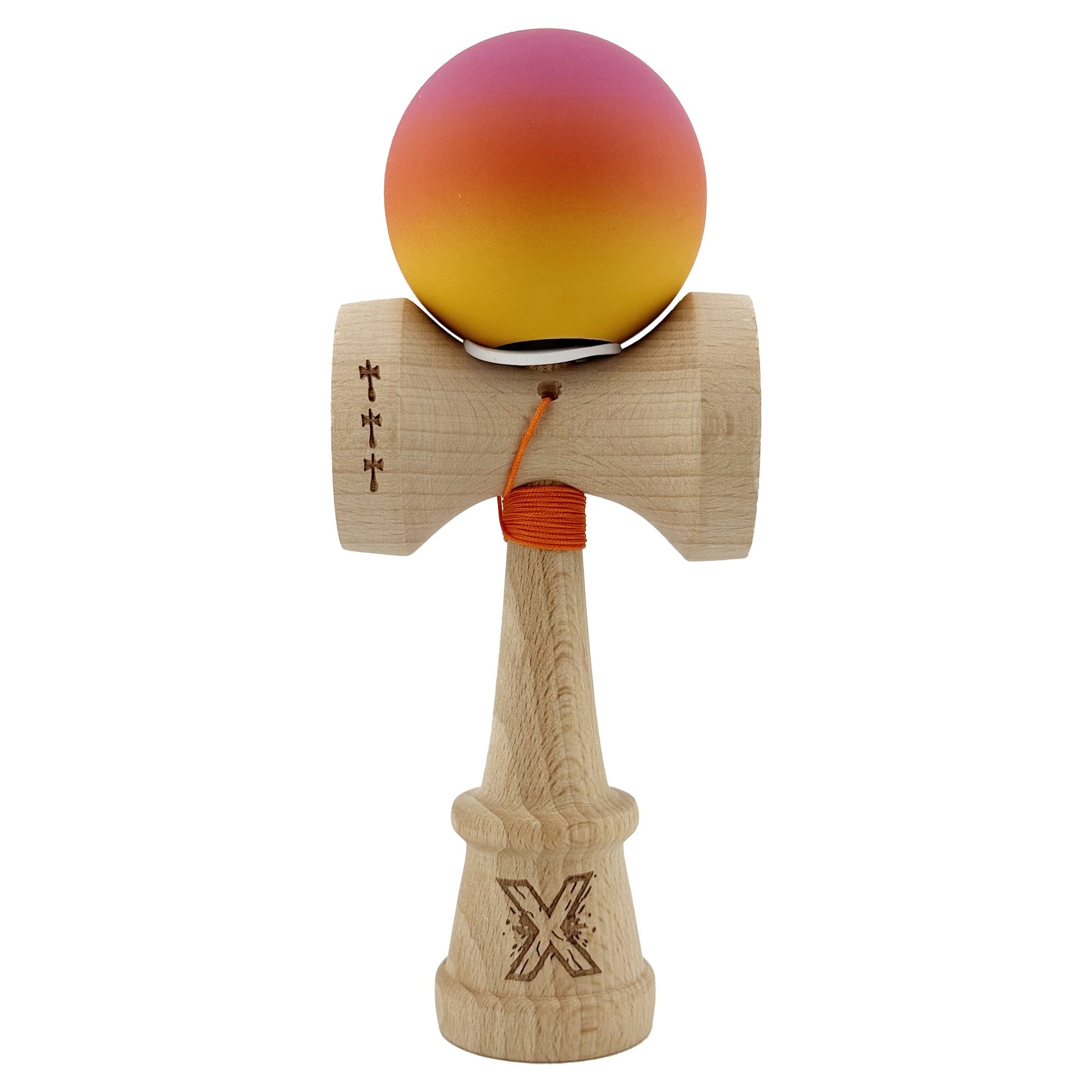 Kendama X Originala, Model V3 Roz / Portocaliu / Galben in Degrade, Profesionala, Cupe Mari King Size, Rubber Grip, Gaura in Baza, Rulment, Ata 62cm