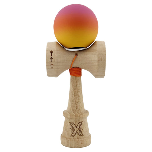 Kendama X Originala, Model V3 Roz / Portocaliu / Galben in Degrade, Profesionala, Cupe Mari King Size, Rubber Grip, Gaura in Baza, Rulment, Ata 62cm
