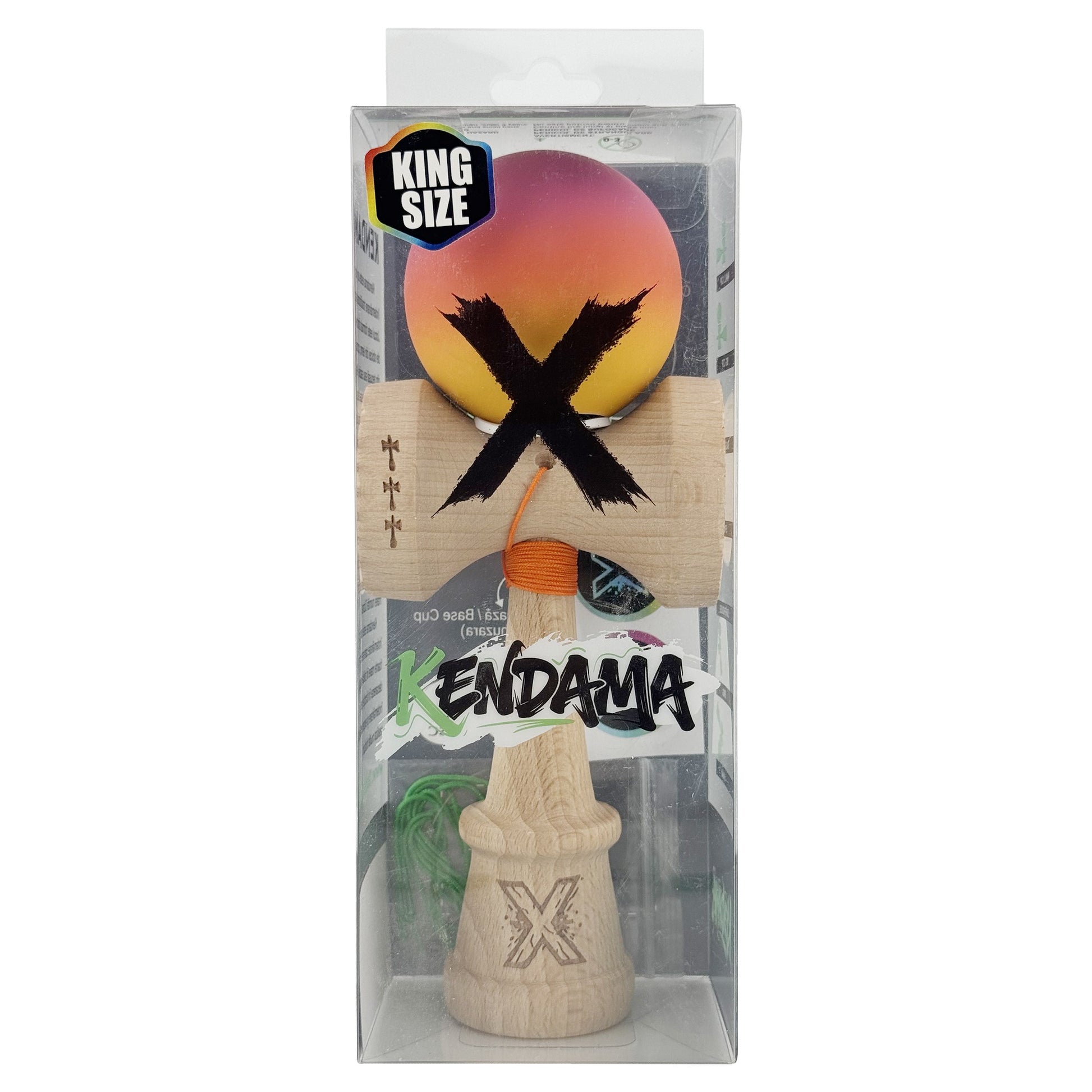 Kendama X Originala, Model V3 Roz / Portocaliu / Galben in Degrade, Profesionala, Cupe Mari King Size, Rubber Grip, Gaura in Baza, Rulment, Ata 62cm