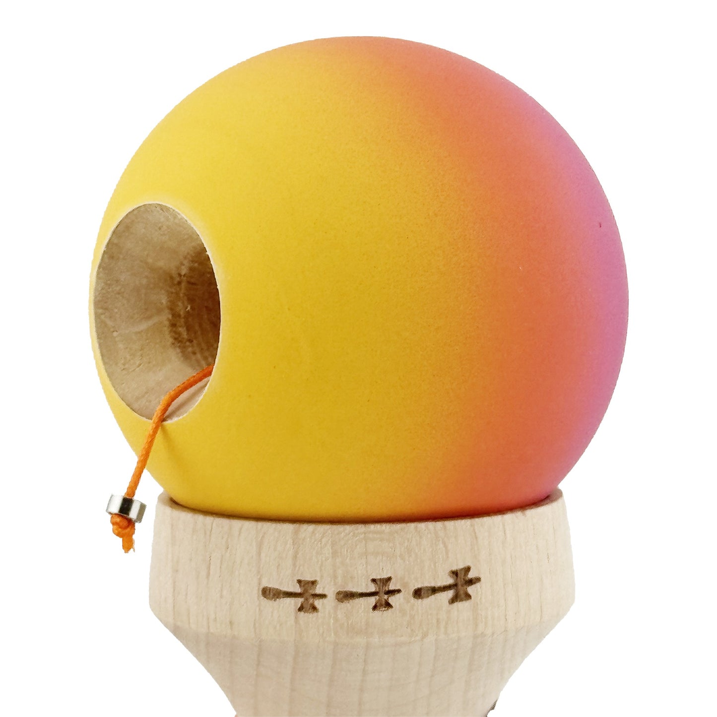 Kendama X Originala, Model V3 Roz / Portocaliu / Galben in Degrade, Profesionala, Cupe Mari King Size, Rubber Grip, Gaura in Baza, Rulment, Ata 62cm