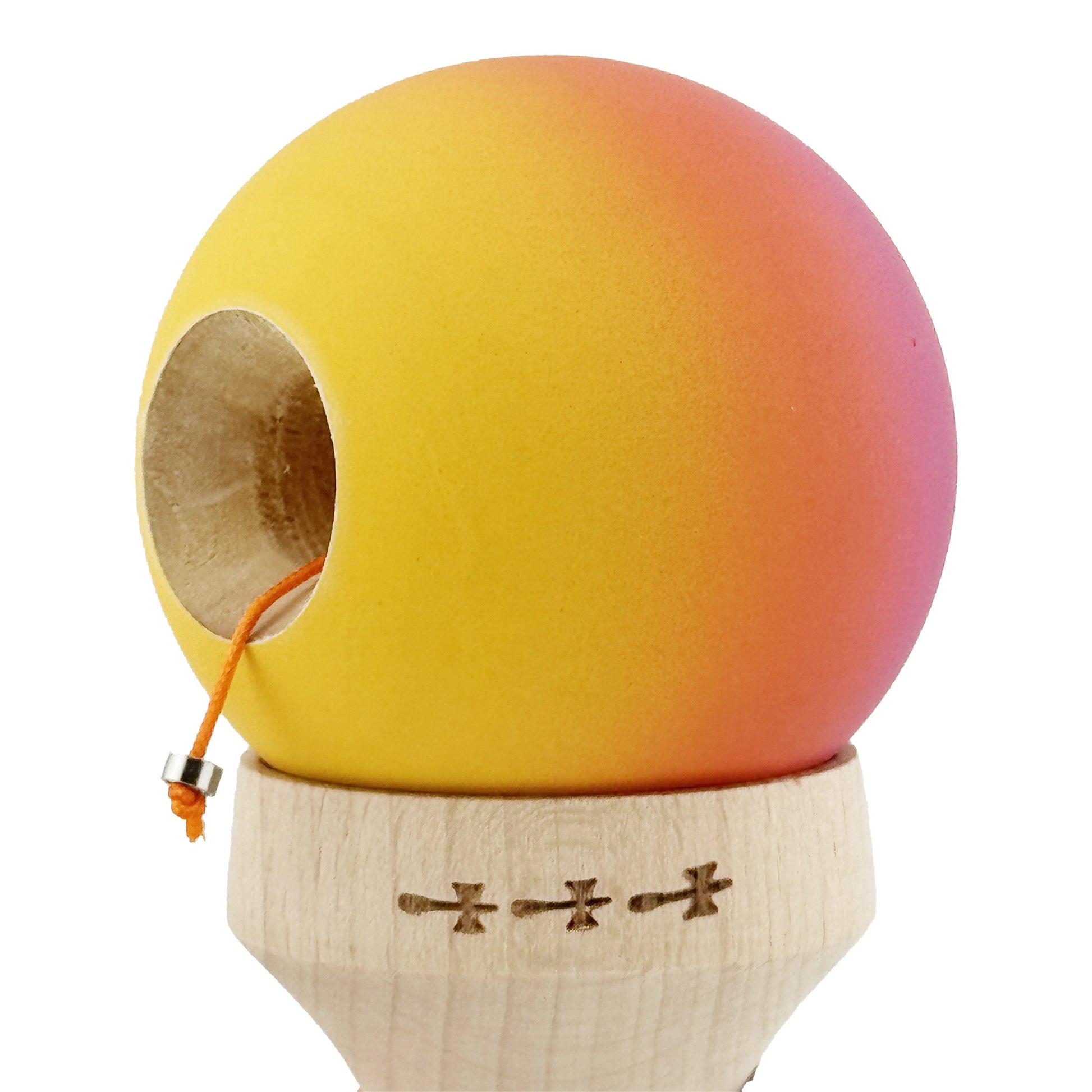 Kendama X Originala, Model V3 Roz / Portocaliu / Galben in Degrade, Profesionala, Cupe Mari King Size, Rubber Grip, Gaura in Baza, Rulment, Ata 62cm
