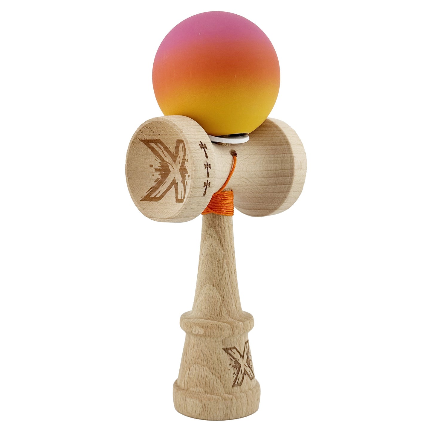 Kendama X Originala, Model V3 Roz / Portocaliu / Galben in Degrade, Profesionala, Cupe Mari King Size, Rubber Grip, Gaura in Baza, Rulment, Ata 62cm