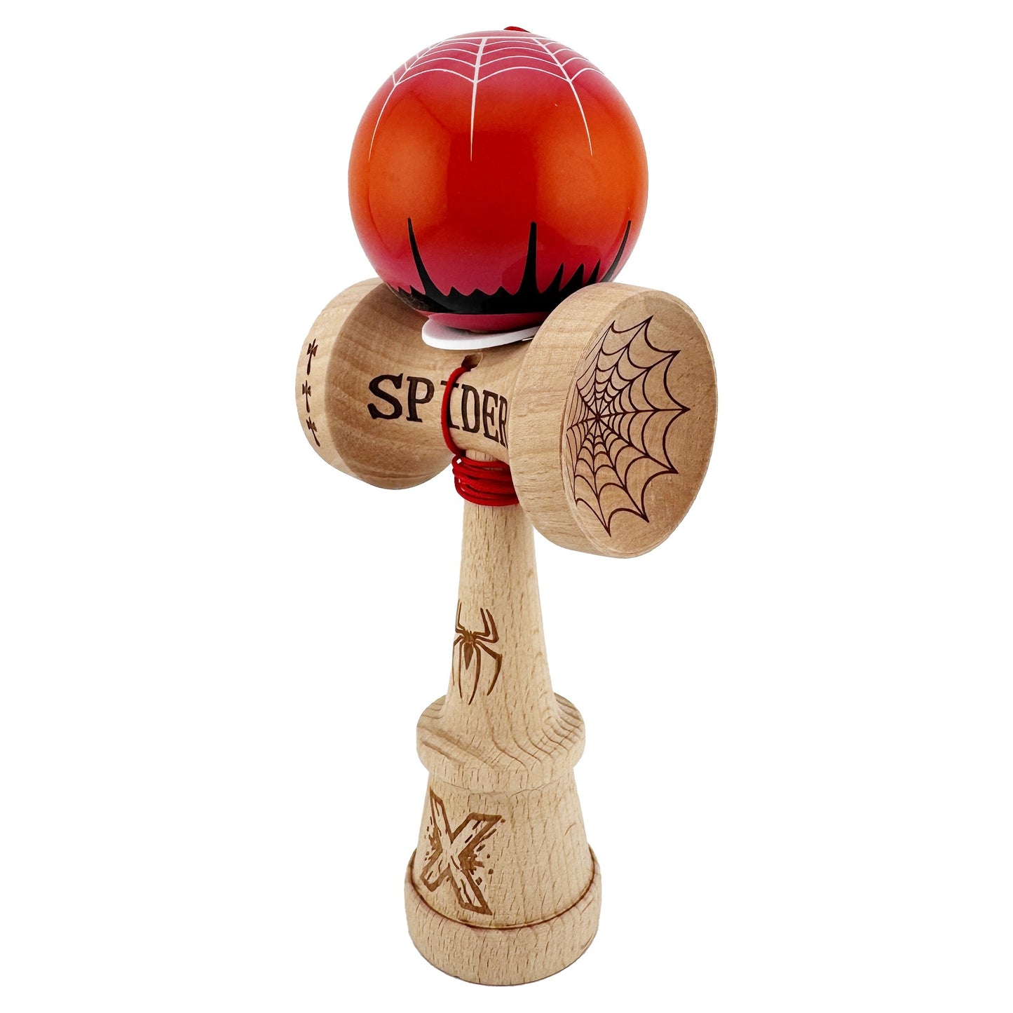 Kendama X Originala, Profesionala, Flippy, SPIDER KING, Super Sticky cu Cupe Mari KING SIZE V3, Gaura in Baza, Rulment Metalic, din lemn 18 cm, Ata 62/65 cm, Rosu/Maro