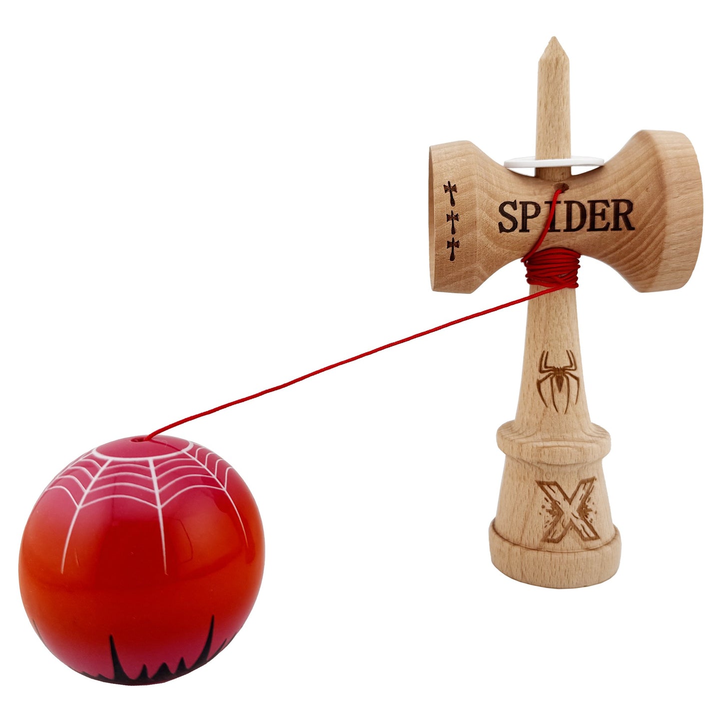 Kendama X Originala, Profesionala, Flippy, SPIDER KING, Super Sticky cu Cupe Mari KING SIZE V3, Gaura in Baza, Rulment Metalic, din lemn 18 cm, Ata 62/65 cm, Rosu/Maro