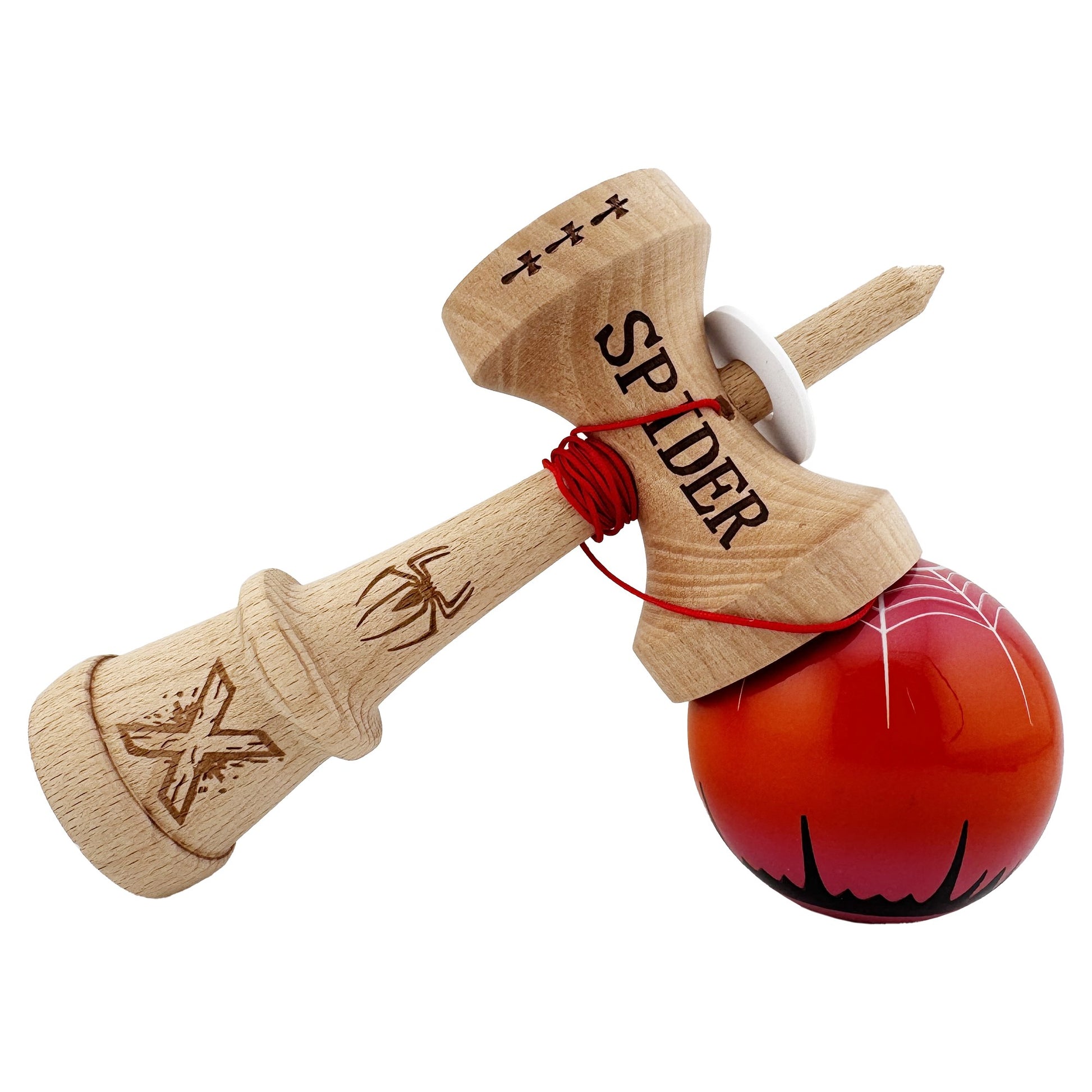 Kendama X Originala, Profesionala, Flippy, SPIDER KING, Super Sticky cu Cupe Mari KING SIZE V3, Gaura in Baza, Rulment Metalic, din lemn 18 cm, Ata 62/65 cm, Rosu/Maro