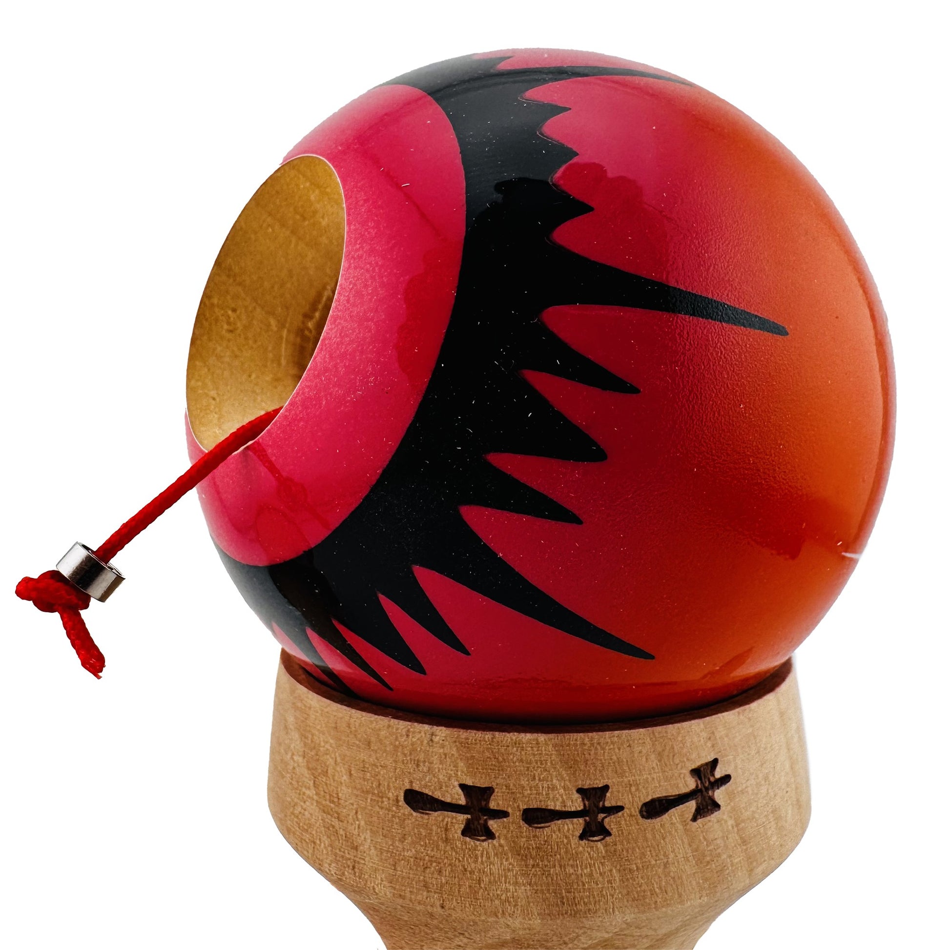 Kendama X Originala, Profesionala, Flippy, SPIDER KING, Super Sticky cu Cupe Mari KING SIZE V3, Gaura in Baza, Rulment Metalic, din lemn 18 cm, Ata 62/65 cm, Rosu/Maro