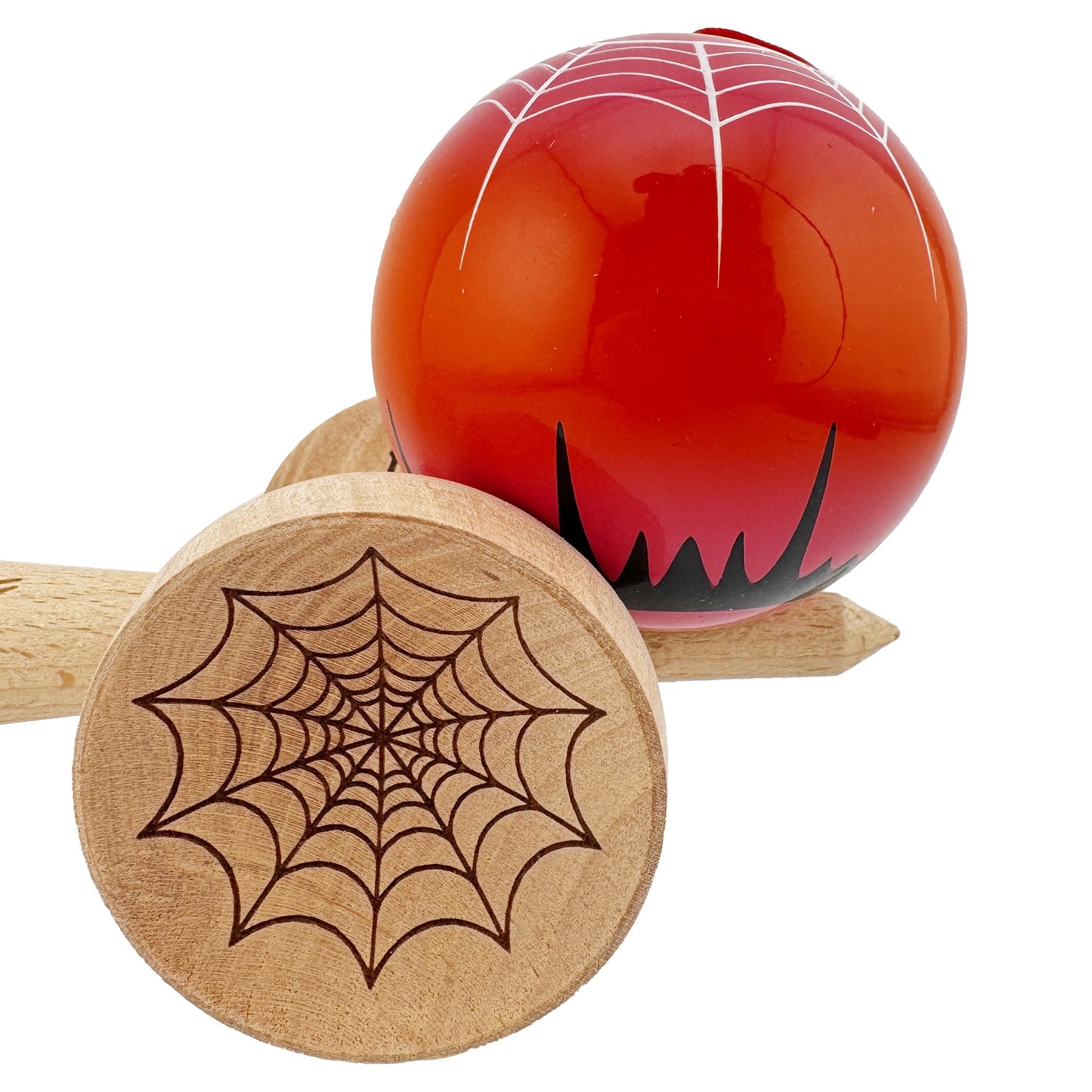 Kendama X Originala, Profesionala, Flippy, SPIDER KING, Super Sticky cu Cupe Mari KING SIZE V3, Gaura in Baza, Rulment Metalic, din lemn 18 cm, Ata 62/65 cm, Rosu/Maro