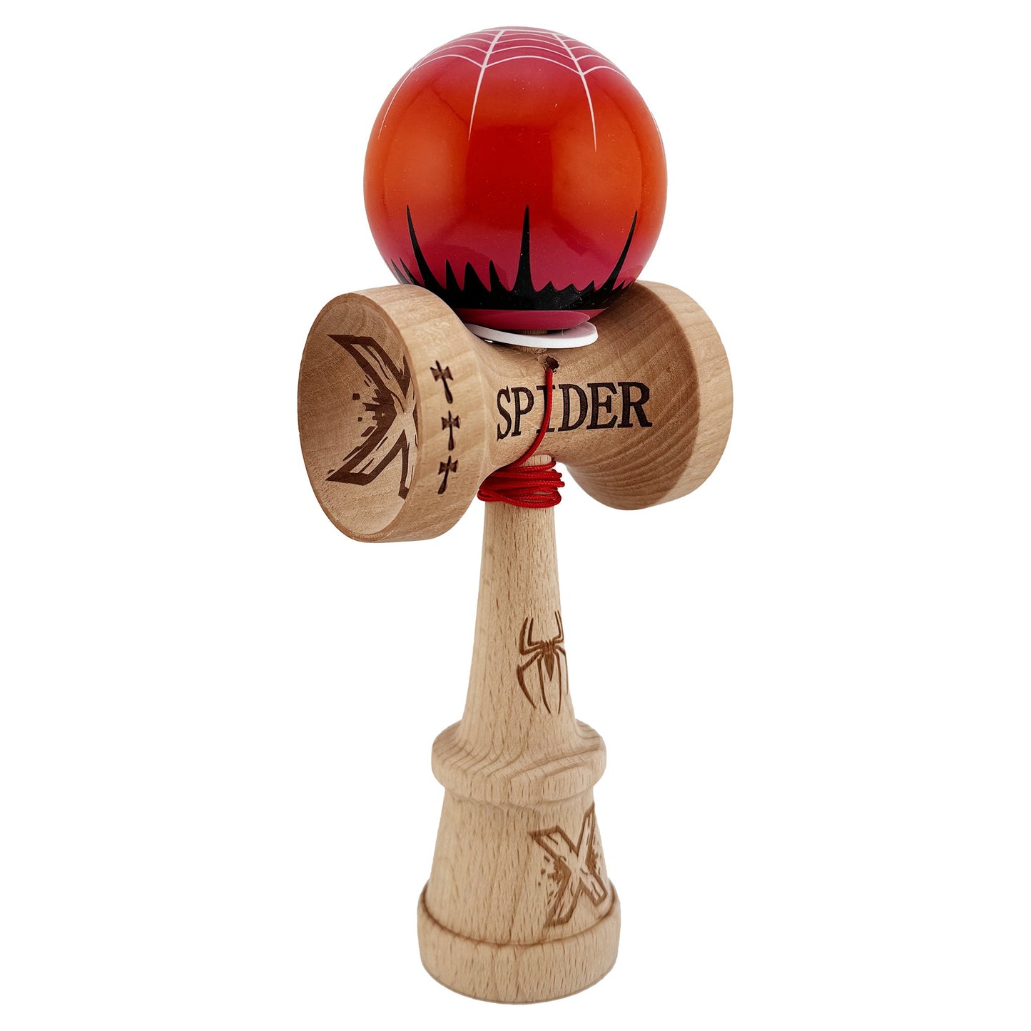 Kendama X Originala, Profesionala, Flippy, SPIDER KING, Super Sticky cu Cupe Mari KING SIZE V3, Gaura in Baza, Rulment Metalic, din lemn 18 cm, Ata 62/65 cm, Rosu/Maro