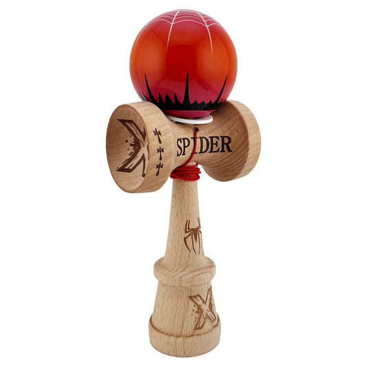 Kendama X Originala, Profesionala, Flippy, SPIDER KING, Super Sticky cu Cupe Mari KING SIZE V3, Gaura in Baza, Rulment Metalic, din lemn 18 cm, Ata 62/65 cm, Rosu/Maro