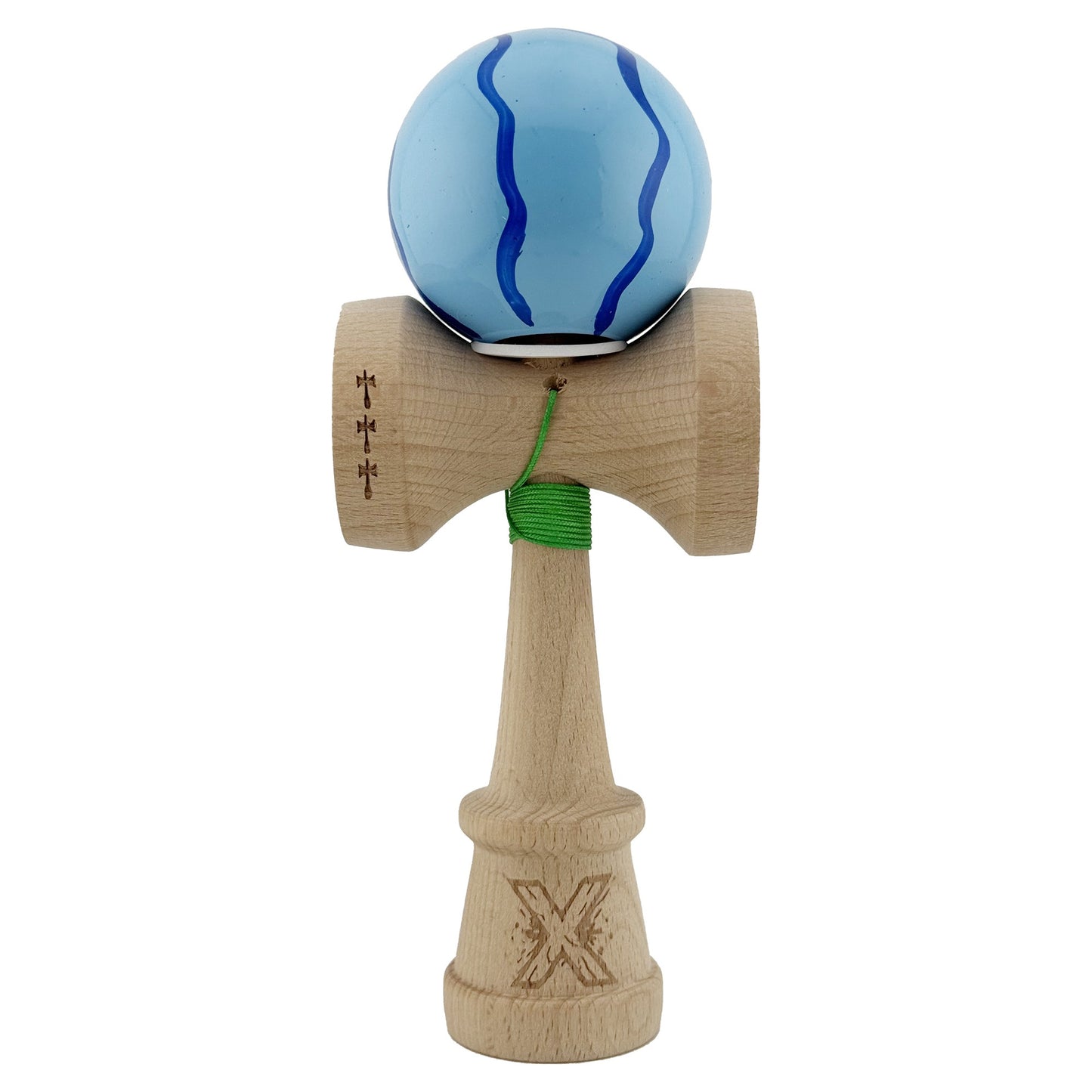 Kendama X Originala, Model V3 Albastru Deschis, Profesionala, Cupe Mari King Size, Super Sticky, Gaura in Baza, Rulment, Ata 62cm