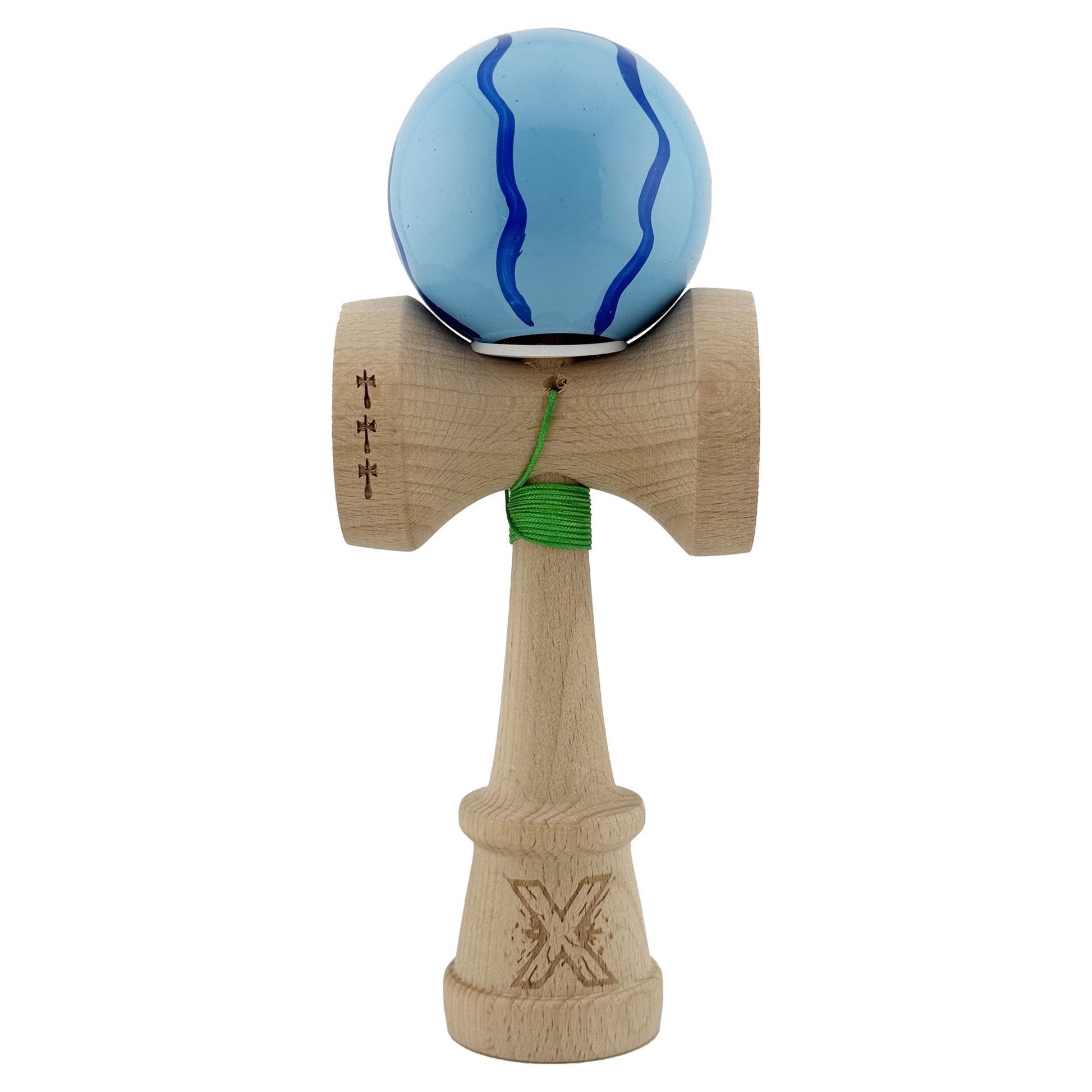 Kendama X Originala, Model V3 Albastru Deschis, Profesionala, Cupe Mari King Size, Super Sticky, Gaura in Baza, Rulment, Ata 62cm