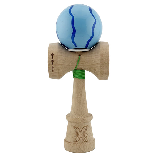 Kendama X Originala, Model V3 Albastru Deschis, Profesionala, Cupe Mari King Size, Super Sticky, Gaura in Baza, Rulment, Ata 62cm