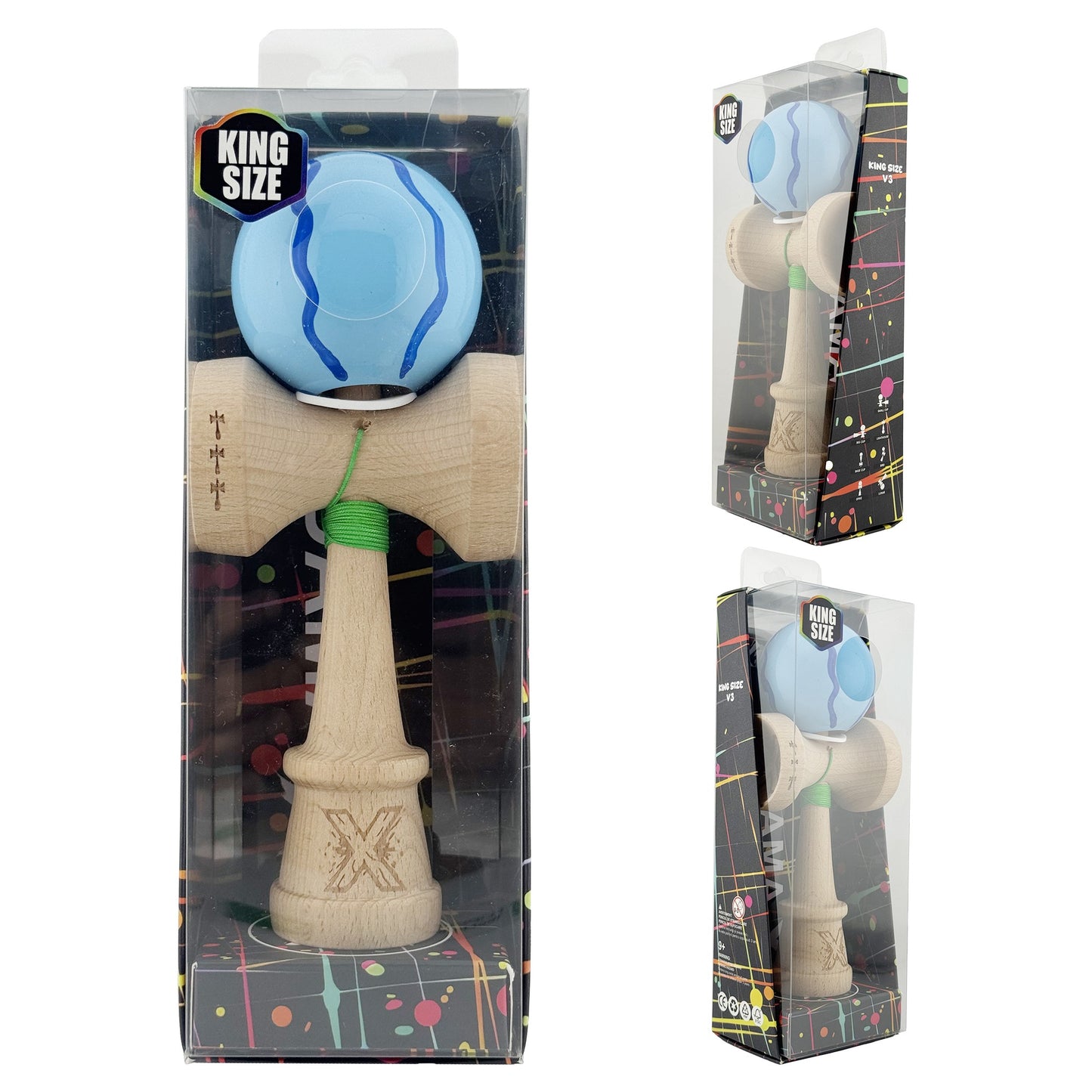 Kendama X Originala, Model V3 Albastru Deschis, Profesionala, Cupe Mari King Size, Super Sticky, Gaura in Baza, Rulment, Ata 62cm