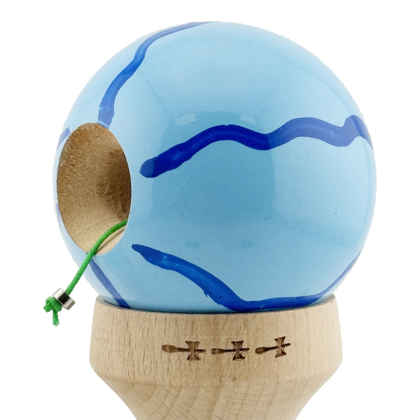 Kendama X Originala, Model V3 Albastru Deschis, Profesionala, Cupe Mari King Size, Super Sticky, Gaura in Baza, Rulment, Ata 62cm