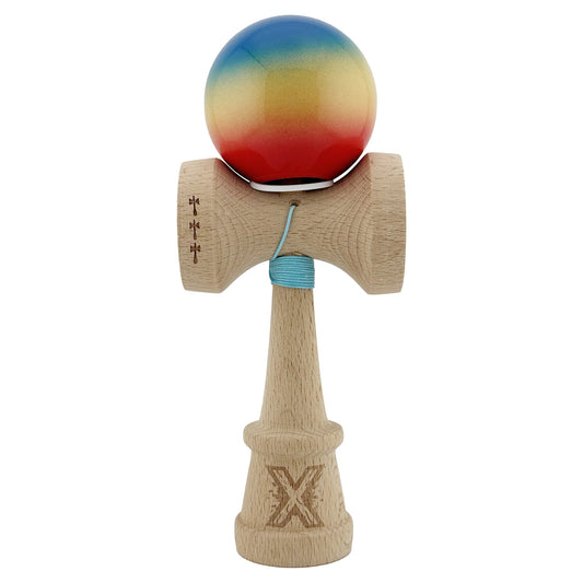 Kendama X Originala, Model V3 Albastru / Galben / Rosu in Degrade, Profesionala, Cupe Mari King Size, Super Sticky, Gaura in Baza, Rulment, Ata 62cm