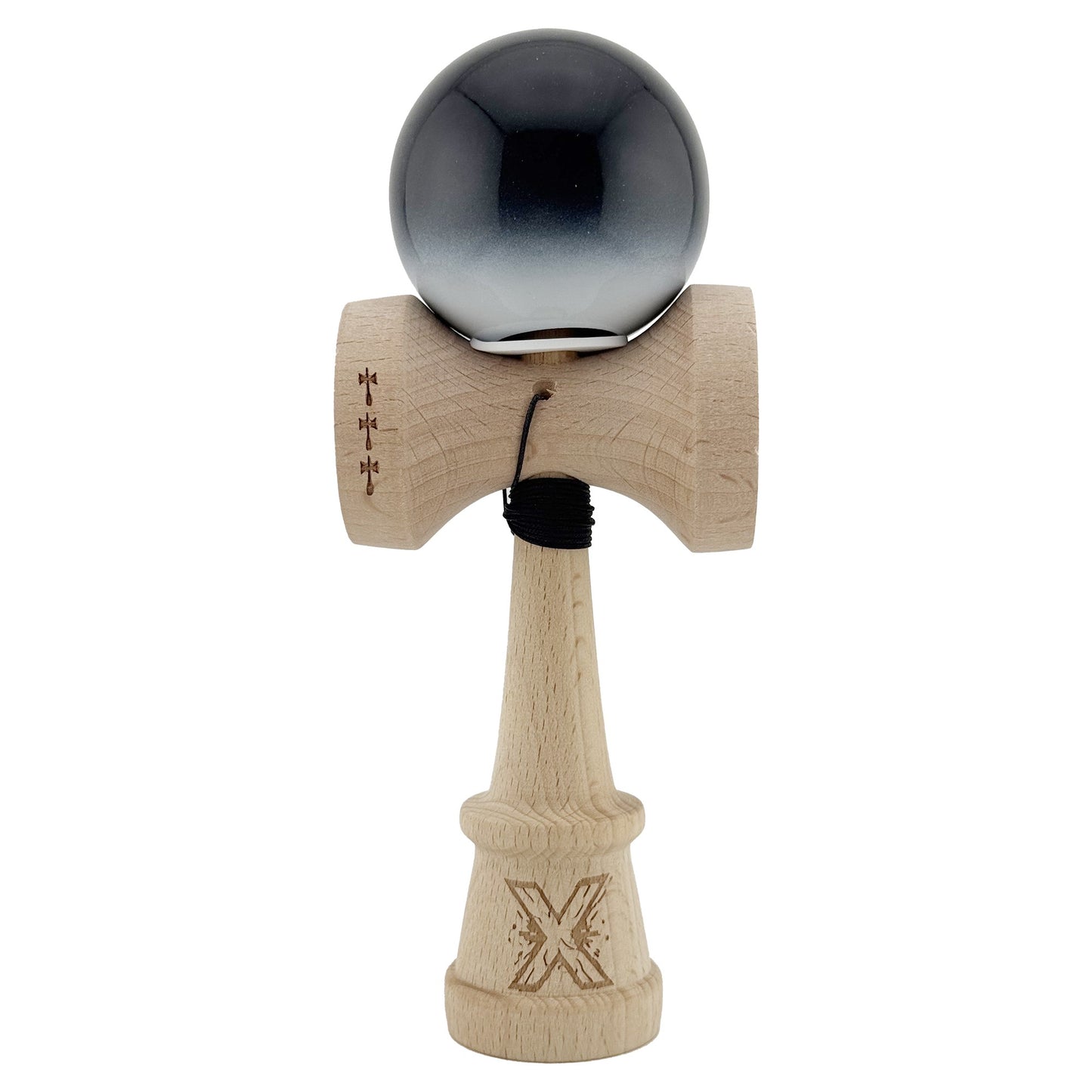 Kendama X Originala, Model V3 Negru / Alb in Degrade, Profesionala, Cupe Mari King Size, Super Sticky, Gaura in Baza, Rulment, Ata 62cm