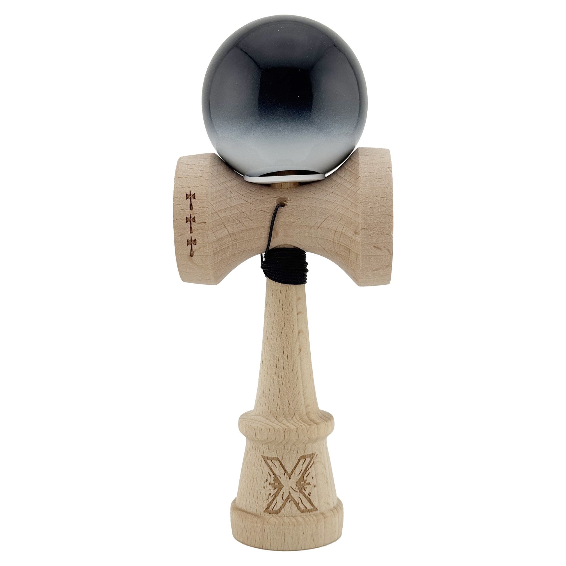 Kendama X Originala, Model V3 Negru / Alb in Degrade, Profesionala, Cupe Mari King Size, Super Sticky, Gaura in Baza, Rulment, Ata 62cm