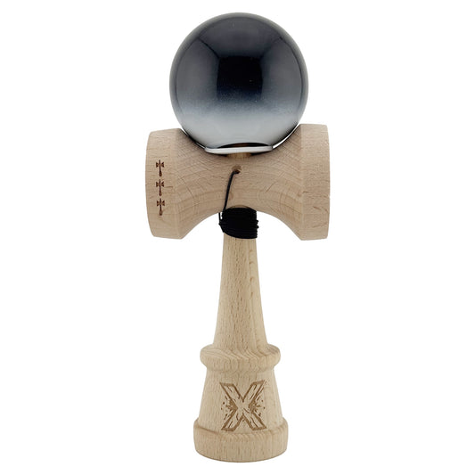 Kendama X Originala, Model V3 Negru / Alb in Degrade, Profesionala, Cupe Mari King Size, Super Sticky, Gaura in Baza, Rulment, Ata 62cm