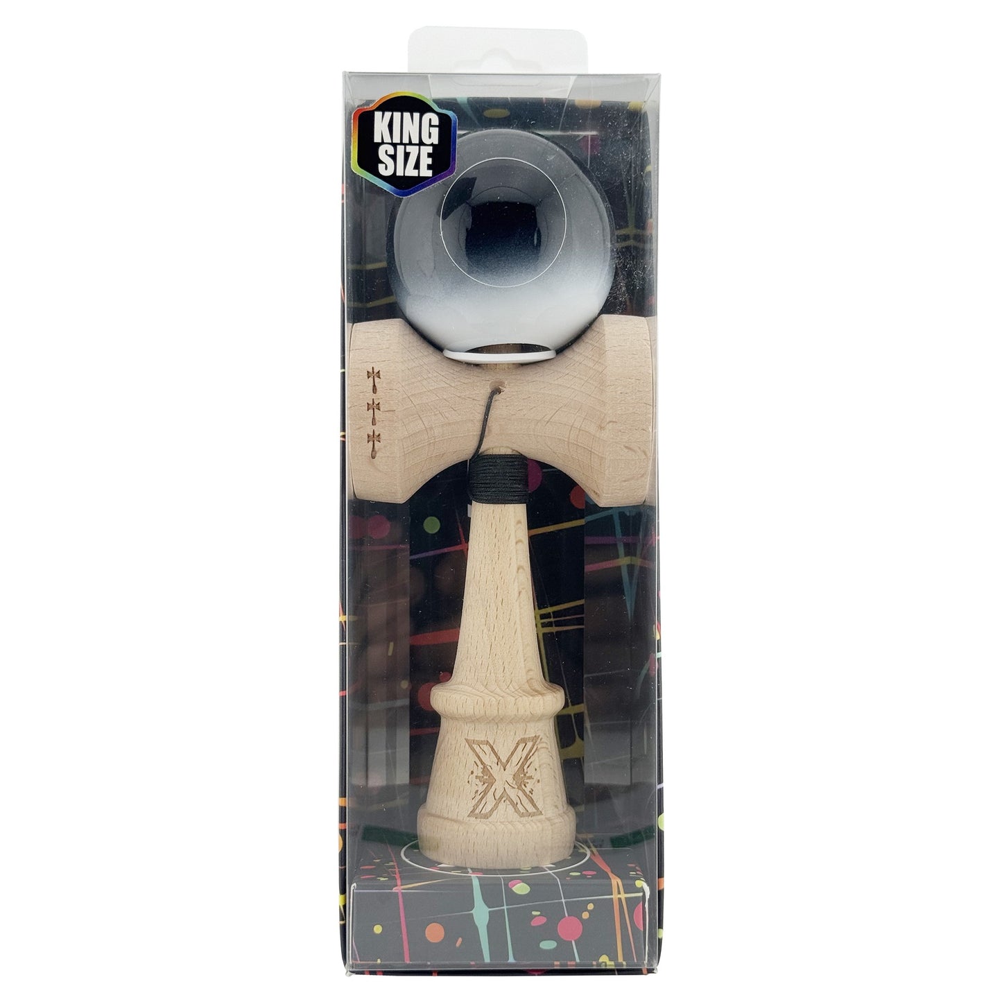 Kendama X Originala, Model V3 Negru / Alb in Degrade, Profesionala, Cupe Mari King Size, Super Sticky, Gaura in Baza, Rulment, Ata 62cm