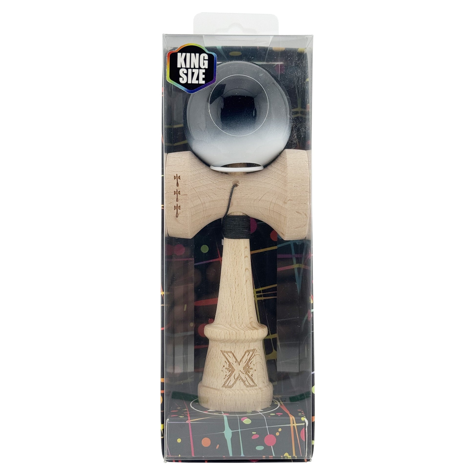 Kendama X Originala, Model V3 Negru / Alb in Degrade, Profesionala, Cupe Mari King Size, Super Sticky, Gaura in Baza, Rulment, Ata 62cm