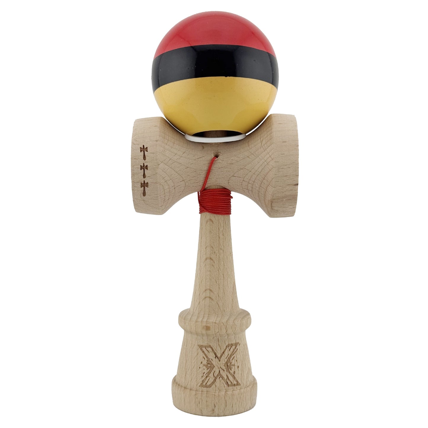 Kendama X Originala, Model V3 Rosu / Negru / Galben, Profesionala, Cupe Mari King Size, Super Sticky, Gaura in Baza, Rulment, Ata 62cm