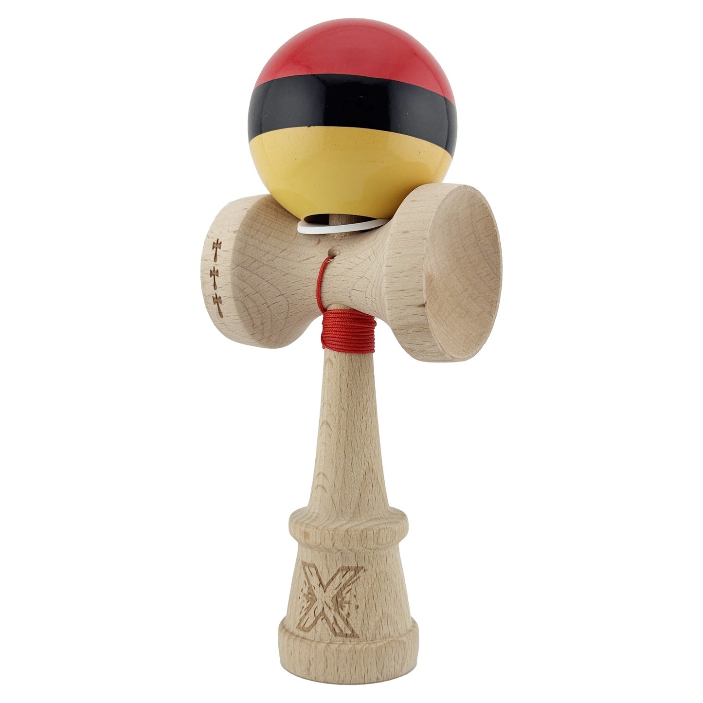 Kendama X Originala, Model V3 Rosu / Negru / Galben, Profesionala, Cupe Mari King Size, Super Sticky, Gaura in Baza, Rulment, Ata 62cm