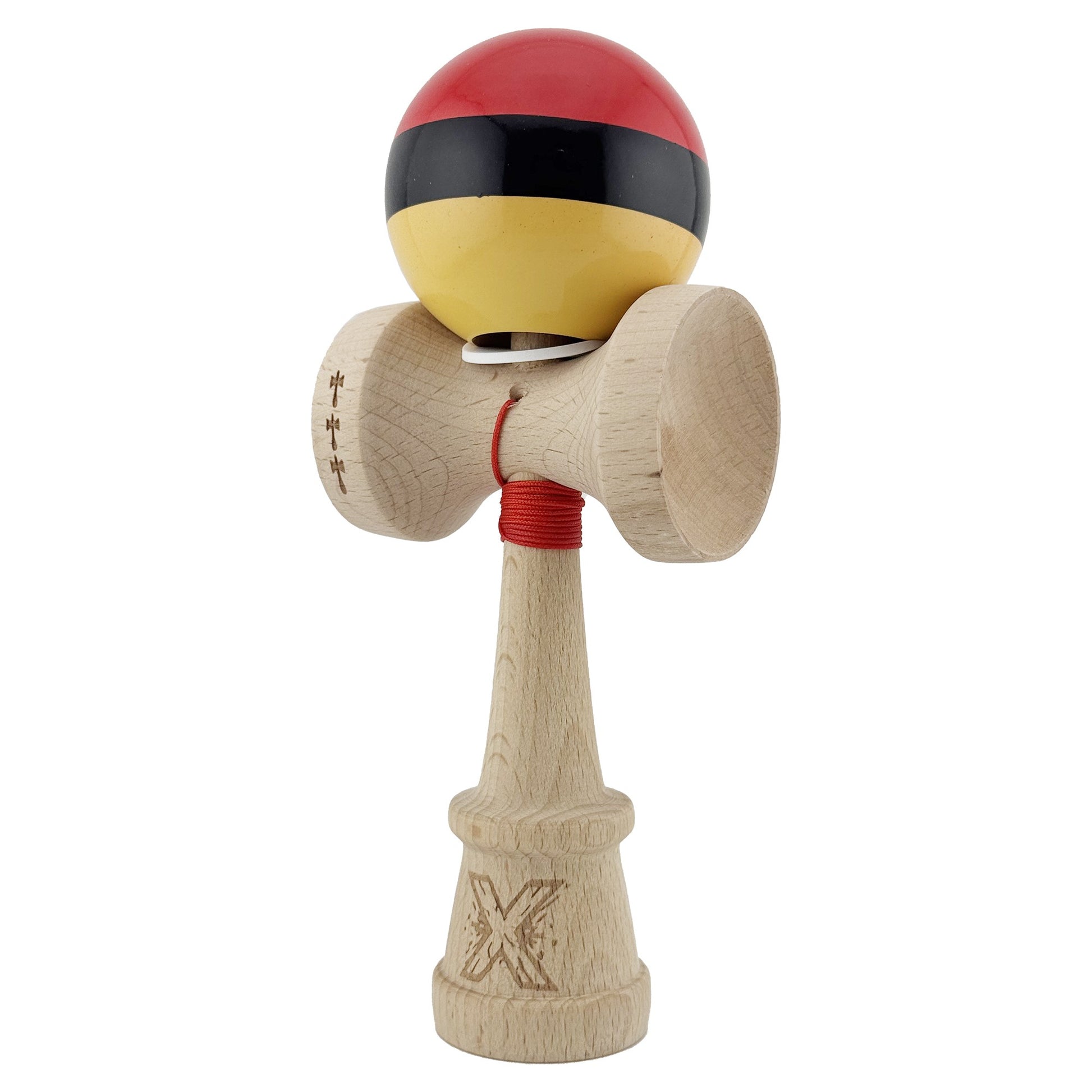 Kendama X Originala, Model V3 Rosu / Negru / Galben, Profesionala, Cupe Mari King Size, Super Sticky, Gaura in Baza, Rulment, Ata 62cm