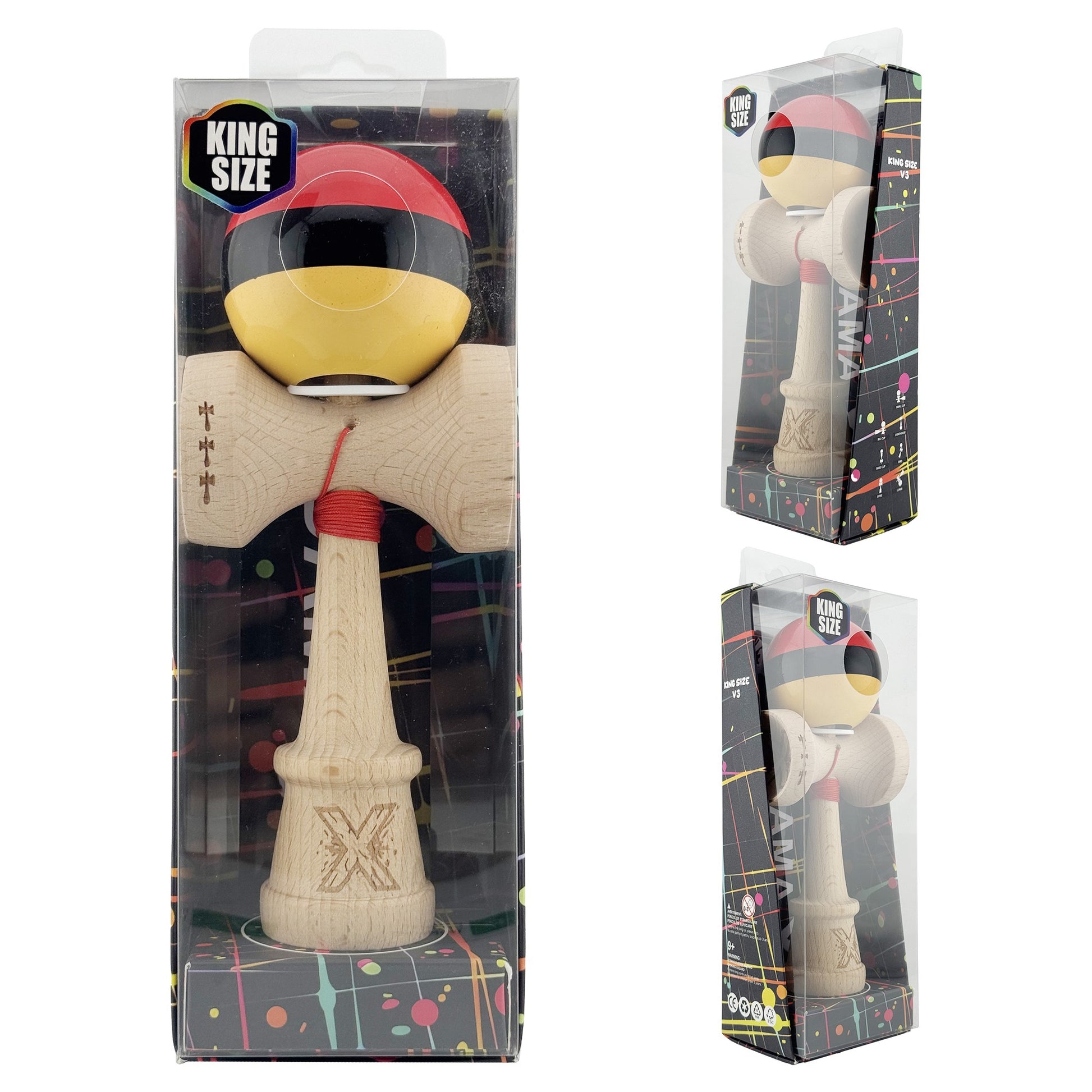 Kendama X Originala, Model V3 Rosu / Negru / Galben, Profesionala, Cupe Mari King Size, Super Sticky, Gaura in Baza, Rulment, Ata 62cm