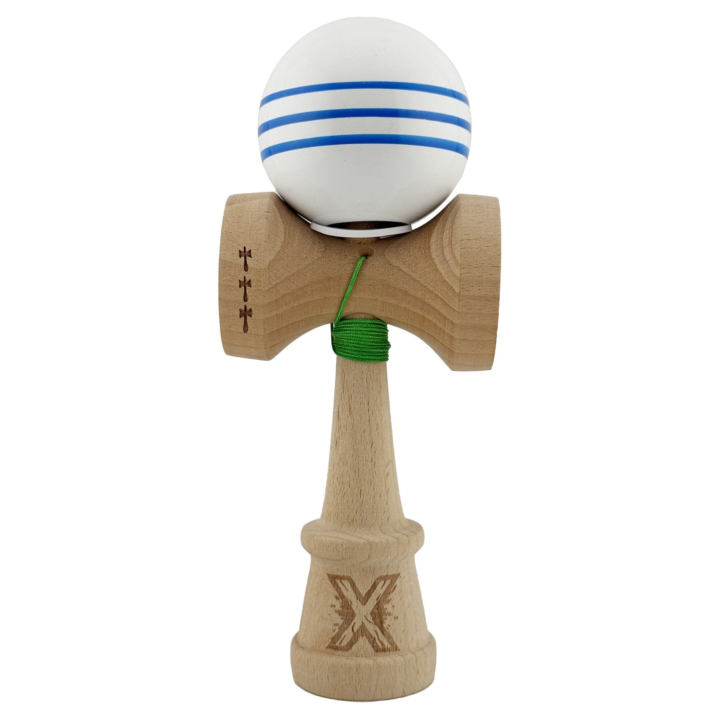 Kendama X Originala, Model V3 Alb / Albastru, Profesionala, Cupe Mari King Size, Super Sticky, Gaura in Baza, Rulment, Ata 62cm