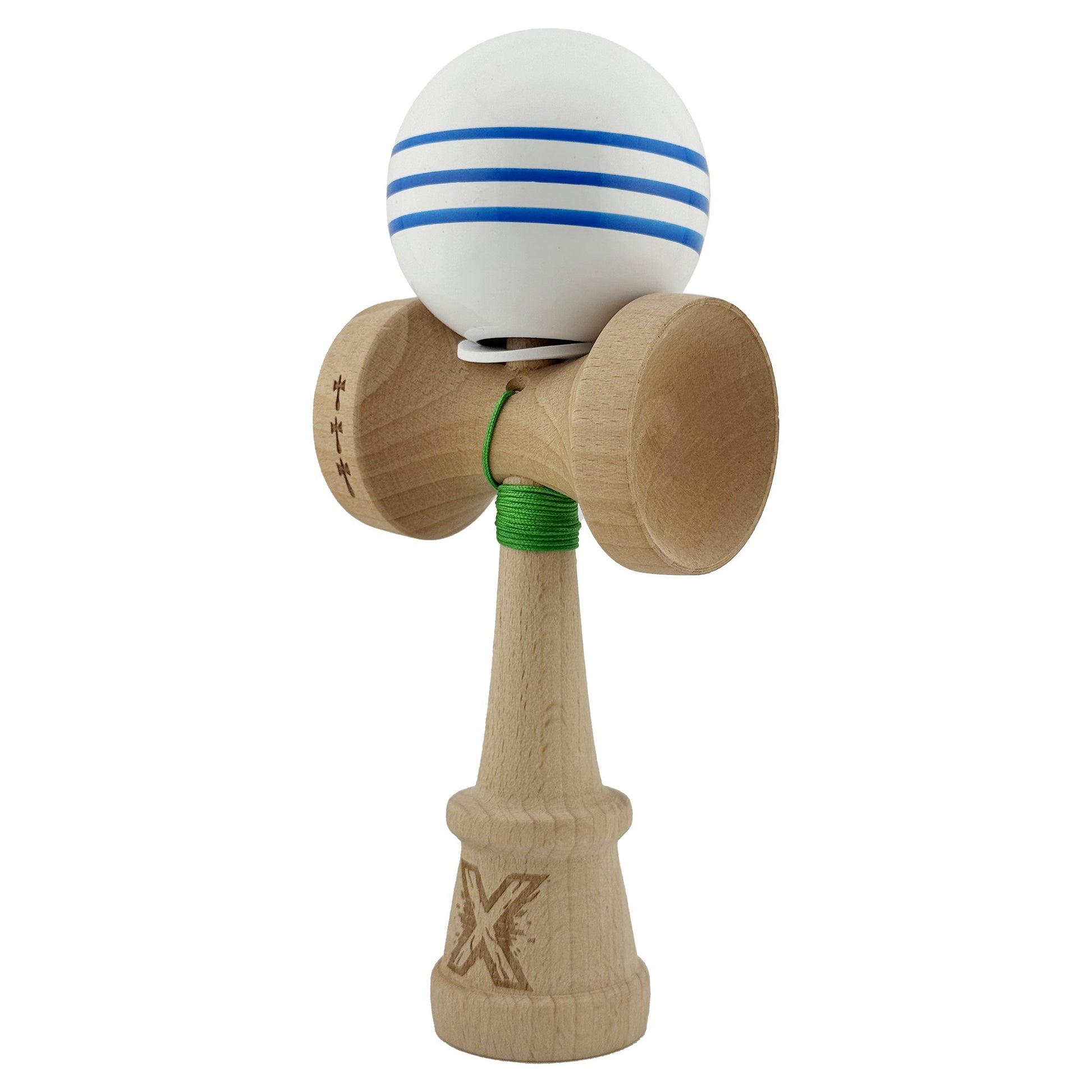Kendama X Originala, Model V3 Alb / Albastru, Profesionala, Cupe Mari King Size, Super Sticky, Gaura in Baza, Rulment, Ata 62cm