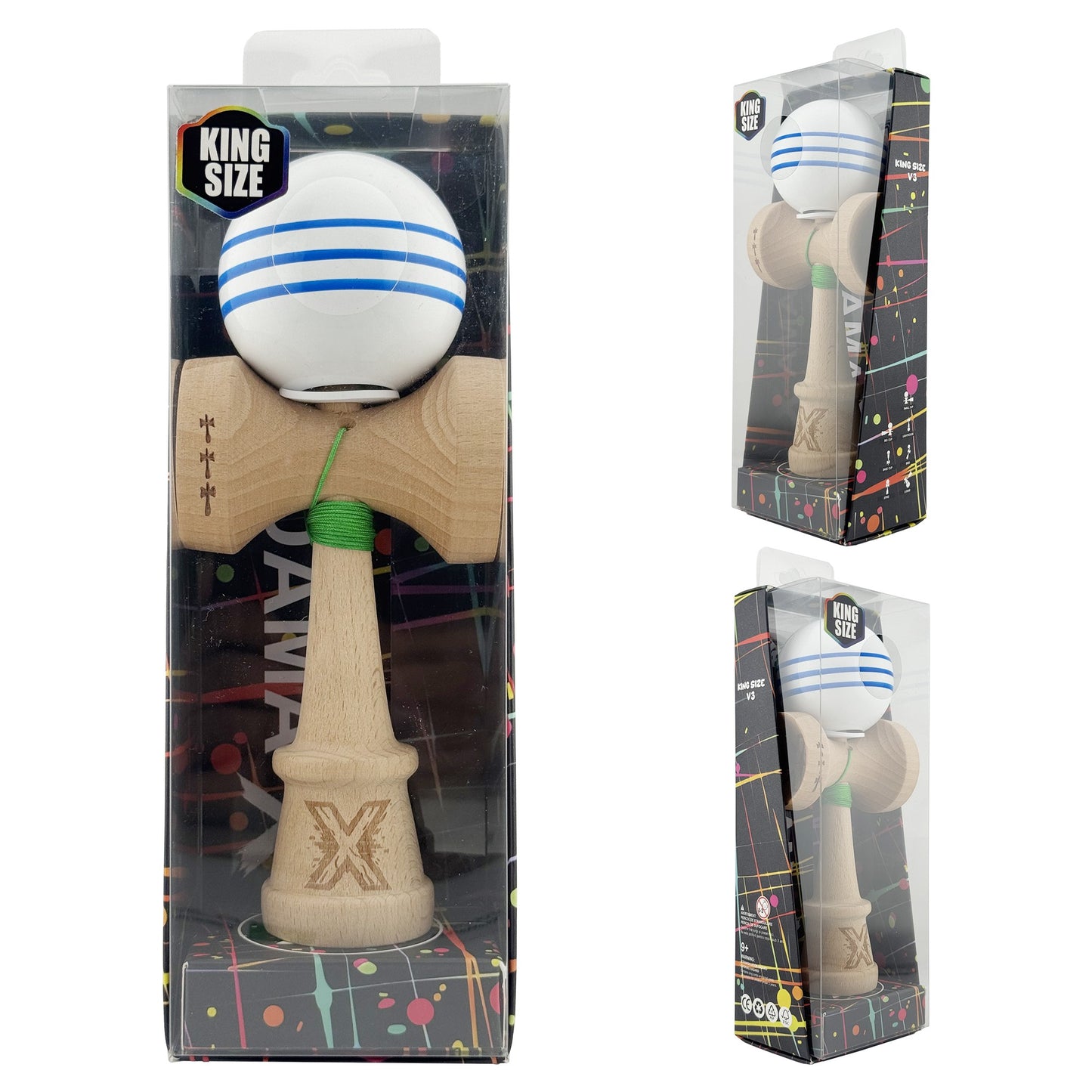 Kendama X Originala, Model V3 Alb / Albastru, Profesionala, Cupe Mari King Size, Super Sticky, Gaura in Baza, Rulment, Ata 62cm