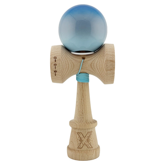 Kendama X Originala, Model V3 Albastru / Gri / Bleu in Degrade, Profesionala, Cupe Mari King Size, Super Sticky, Gaura in Baza, Rulment, Ata 62cm