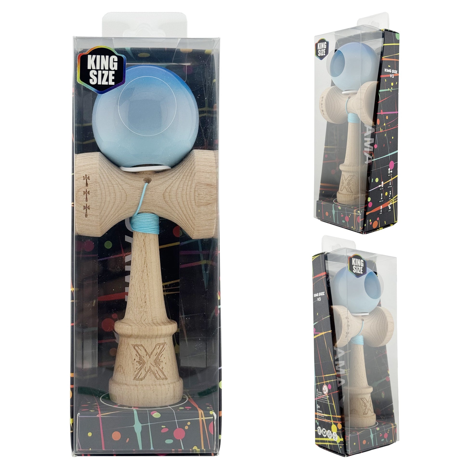 Kendama X Originala, Model V3 Albastru / Gri / Bleu in Degrade, Profesionala, Cupe Mari King Size, Super Sticky, Gaura in Baza, Rulment, Ata 62cm