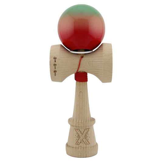 Kendama X Originala, Model V3 Verde / Portocaliu / Rosu in Degrade, Profesionala, Cupe Mari King Size, Super Sticky, Gaura in Baza, Rulment, Ata 62cm