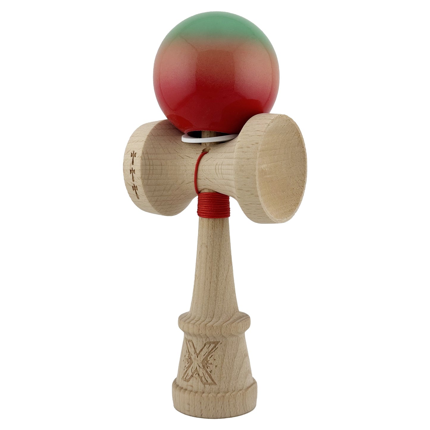 Kendama X Originala, Model V3 Verde / Portocaliu / Rosu in Degrade, Profesionala, Cupe Mari King Size, Super Sticky, Gaura in Baza, Rulment, Ata 62cm