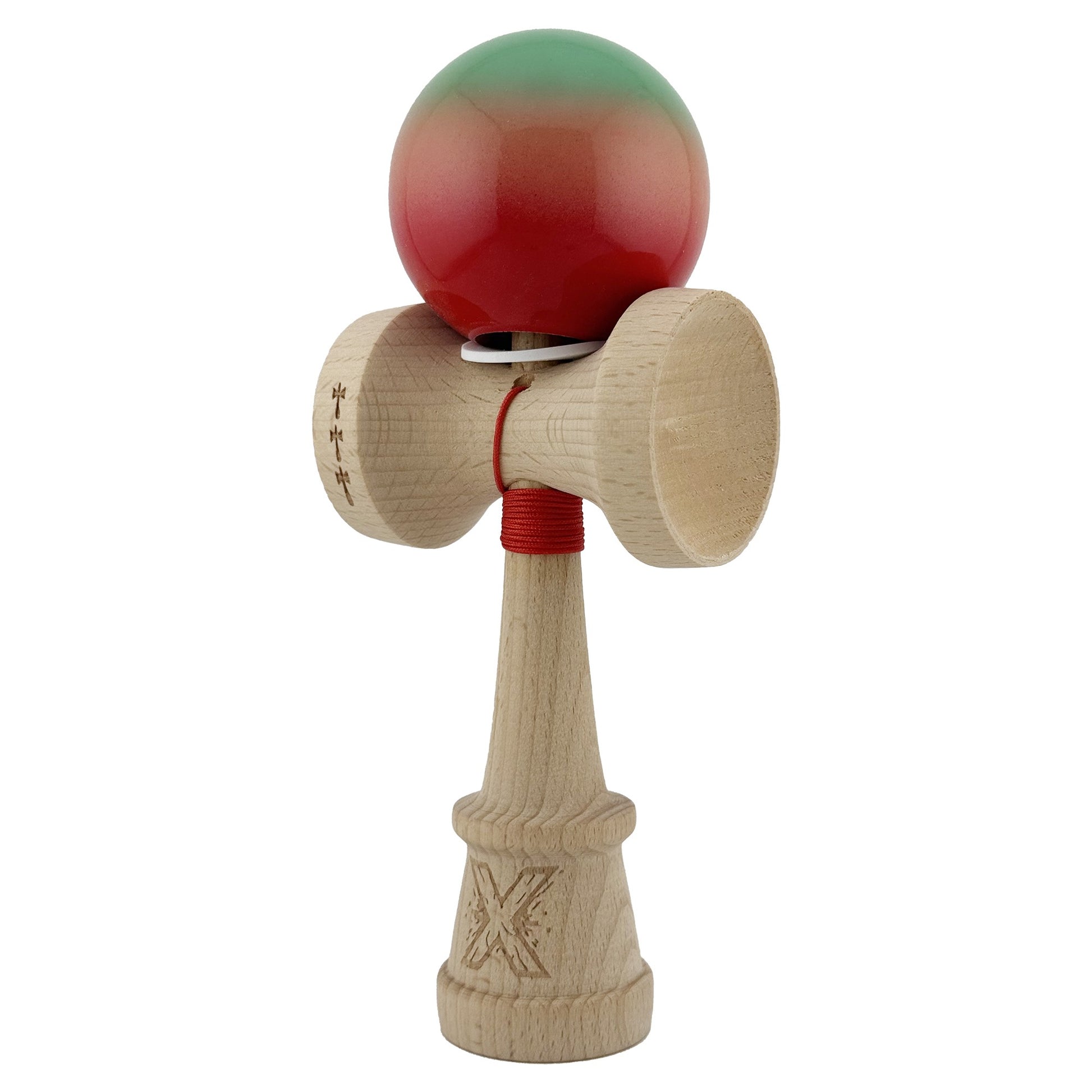 Kendama X Originala, Model V3 Verde / Portocaliu / Rosu in Degrade, Profesionala, Cupe Mari King Size, Super Sticky, Gaura in Baza, Rulment, Ata 62cm