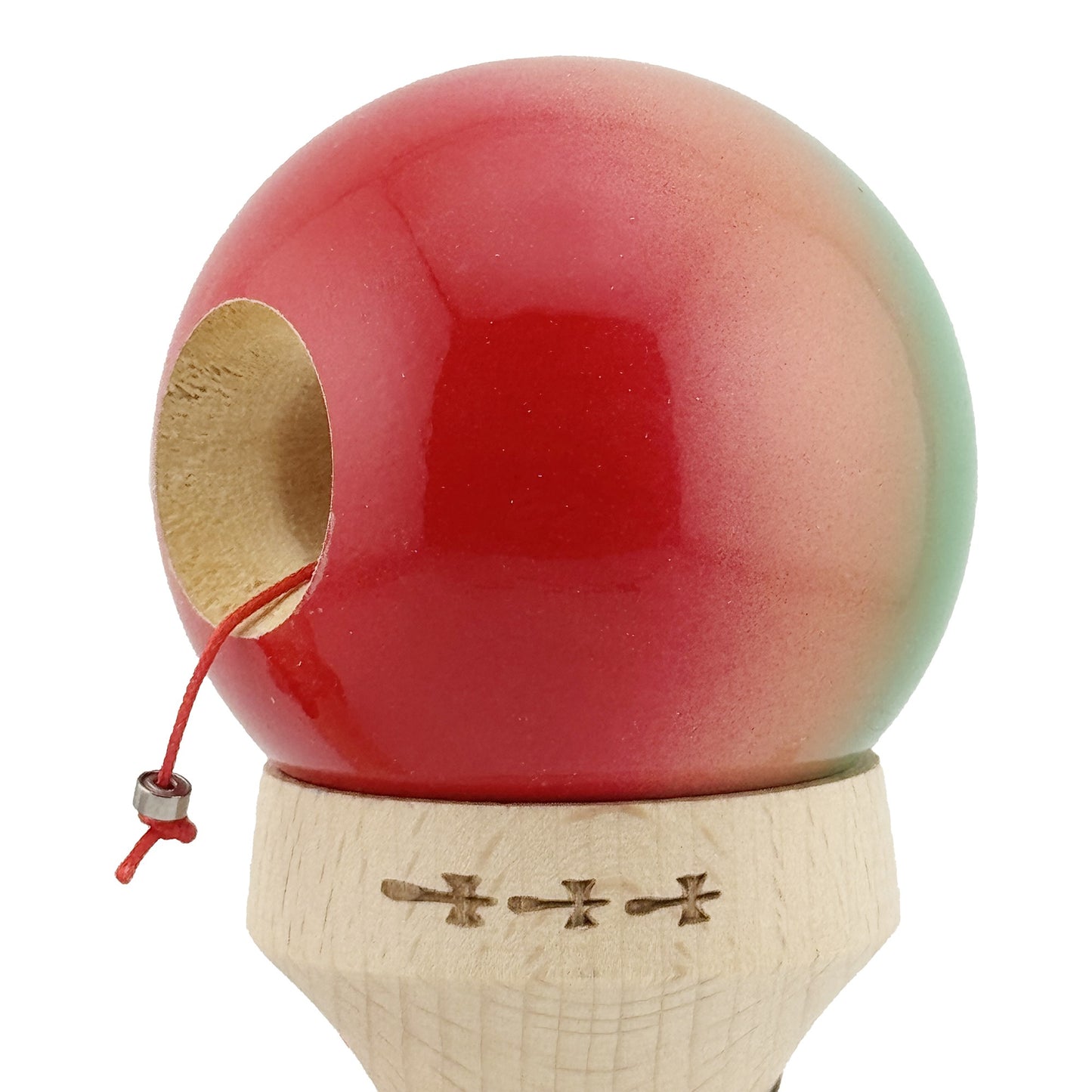 Kendama X Originala, Model V3 Verde / Portocaliu / Rosu in Degrade, Profesionala, Cupe Mari King Size, Super Sticky, Gaura in Baza, Rulment, Ata 62cm