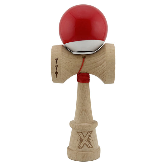 Kendama X Originala, Model V3 Rosu / Alb, Profesionala, Cupe Mari King Size, Super Sticky, Gaura in Baza, Rulment, Ata 62cm