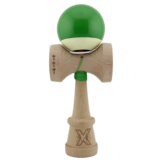 Kendama X Originala, Model V3 Verde / Alb, Profesionala, Cupe Mari King Size, Super Sticky, Gaura in Baza, Rulment, Ata 62cm