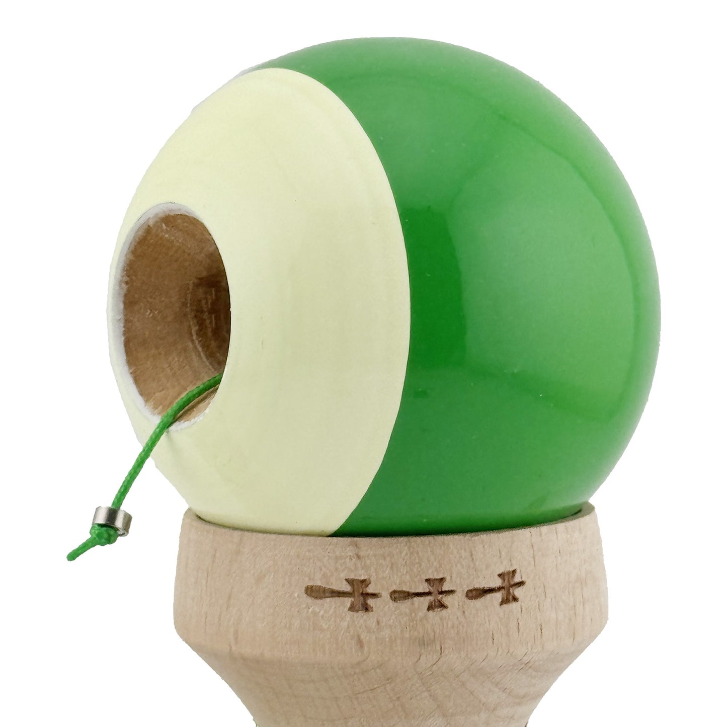 Kendama X Originala, Model V3 Verde / Alb, Profesionala, Cupe Mari King Size, Super Sticky, Gaura in Baza, Rulment, Ata 62cm
