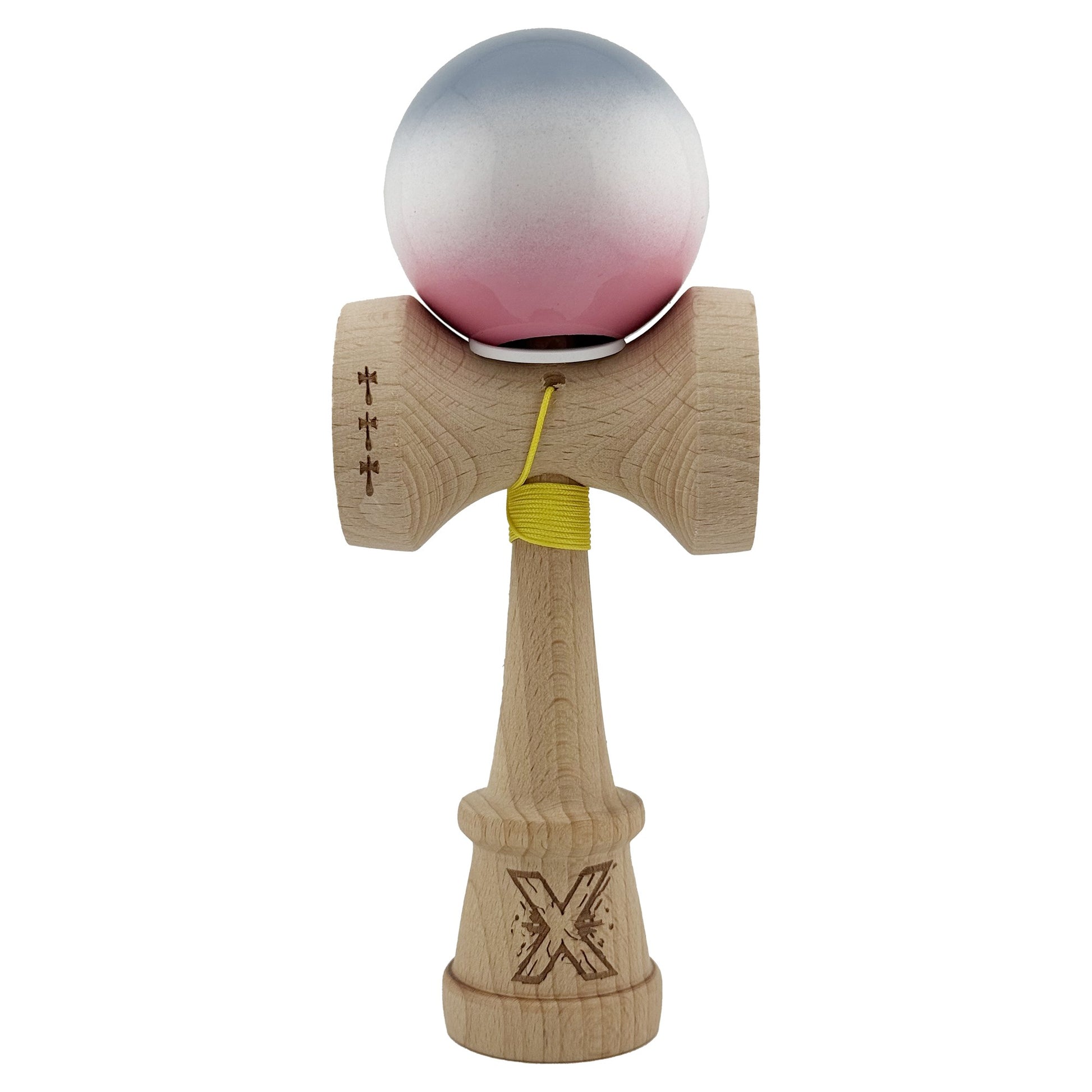 Kendama X Originala, Model V3 Gri / Alb / Roz in Degrade, Profesionala, Cupe Mari King Size, Super Sticky, Gaura in Baza, Rulment, Ata 62cm