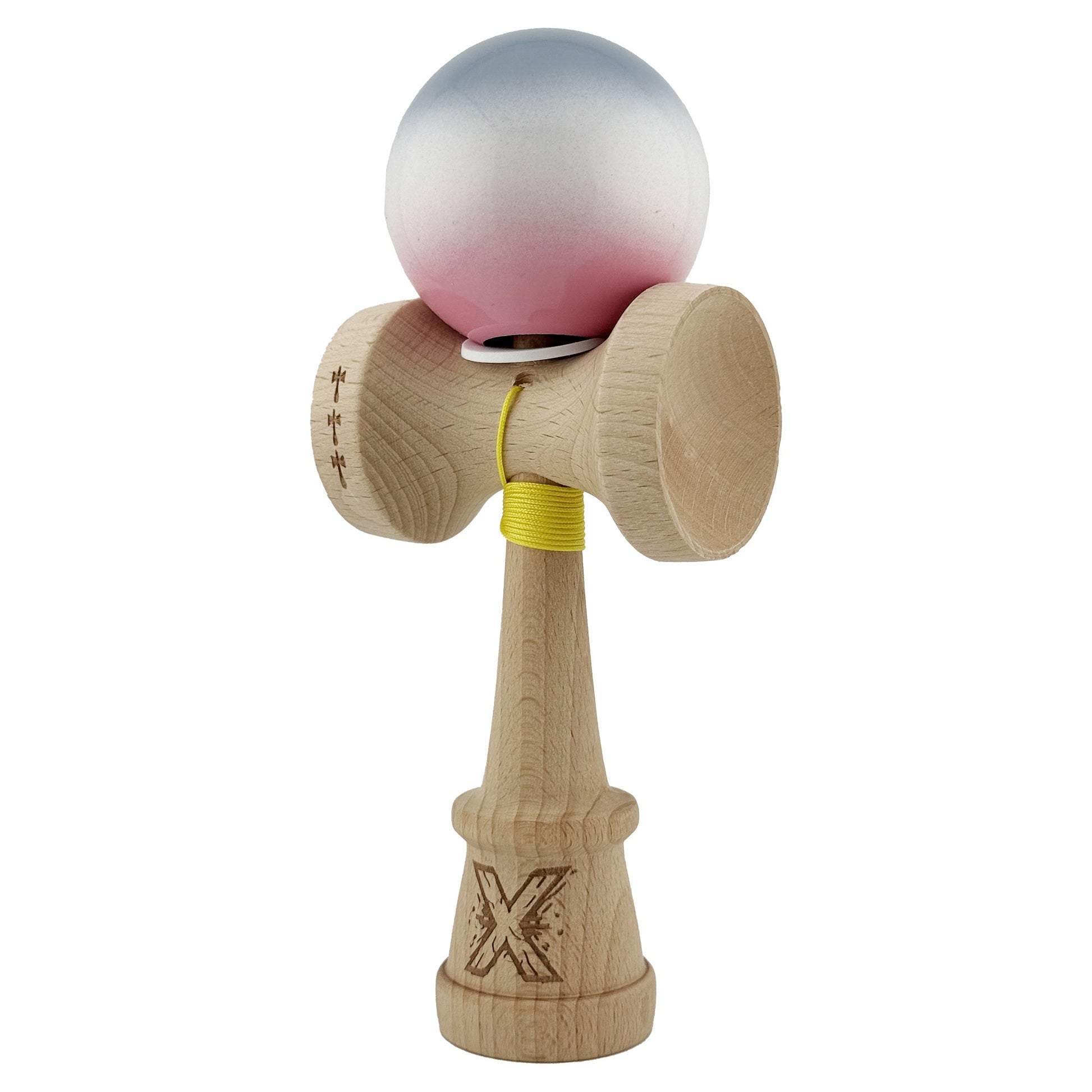 Kendama X Originala, Model V3 Gri / Alb / Roz in Degrade, Profesionala, Cupe Mari King Size, Super Sticky, Gaura in Baza, Rulment, Ata 62cm