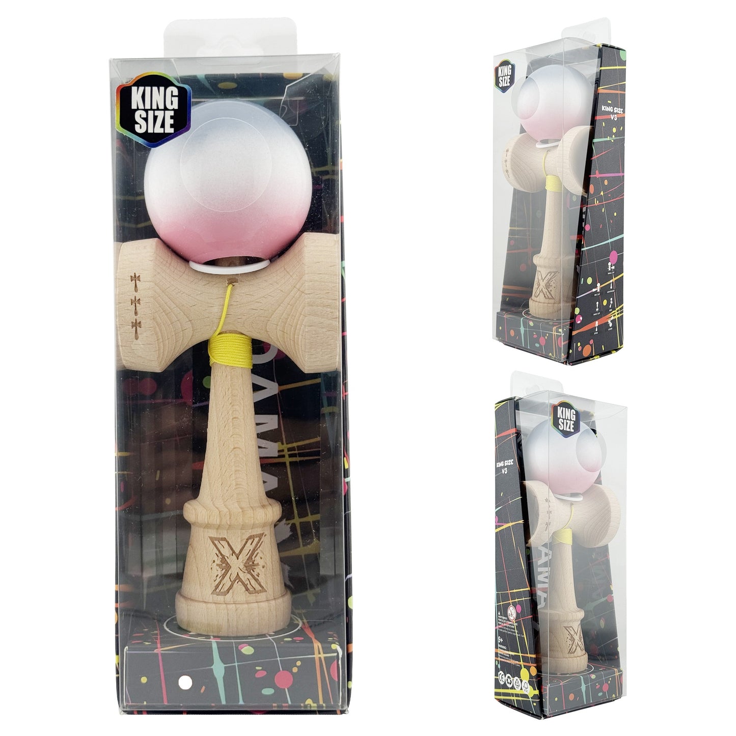 Kendama X Originala, Model V3 Gri / Alb / Roz in Degrade, Profesionala, Cupe Mari King Size, Super Sticky, Gaura in Baza, Rulment, Ata 62cm