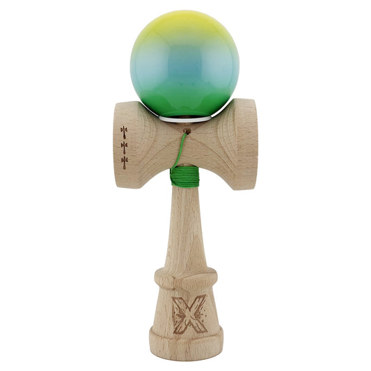 Kendama X Originala, Model V3 Galben / Albastru / Verde in Degrade, Profesionala, Cupe Mari King Size, Super Sticky, Gaura in Baza, Rulment, Ata 62cm