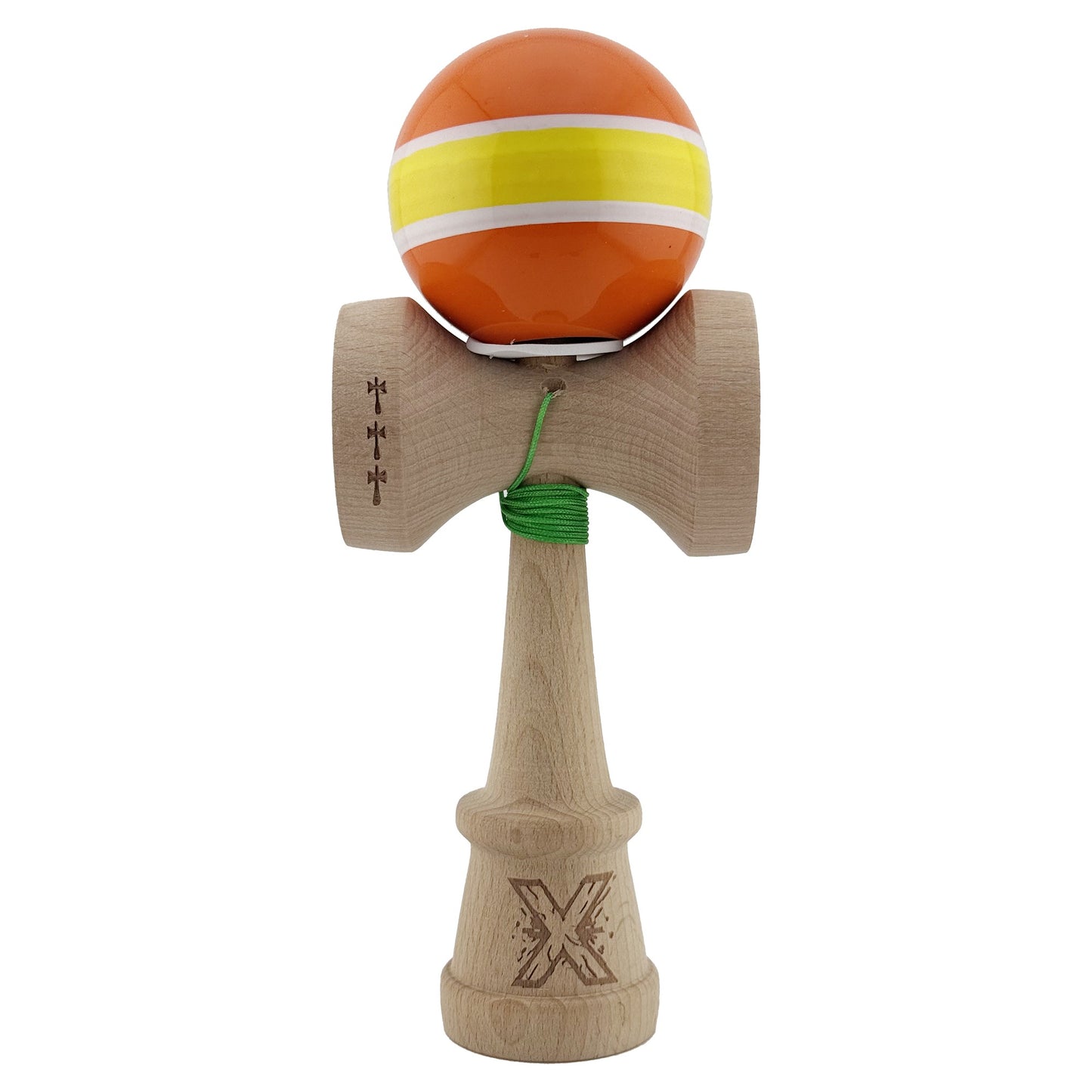 Kendama X Originala, Model V3 Portocaliu / Alb / Galben / Alb / Portocaliu, Profesionala, Cupe Mari King Size, Super Sticky, Gaura in Baza, Rulment, Ata 62cm