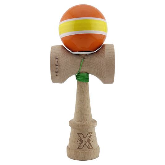 Kendama X Originala, Model V3 Portocaliu / Alb / Galben / Alb / Portocaliu, Profesionala, Cupe Mari King Size, Super Sticky, Gaura in Baza, Rulment, Ata 62cm