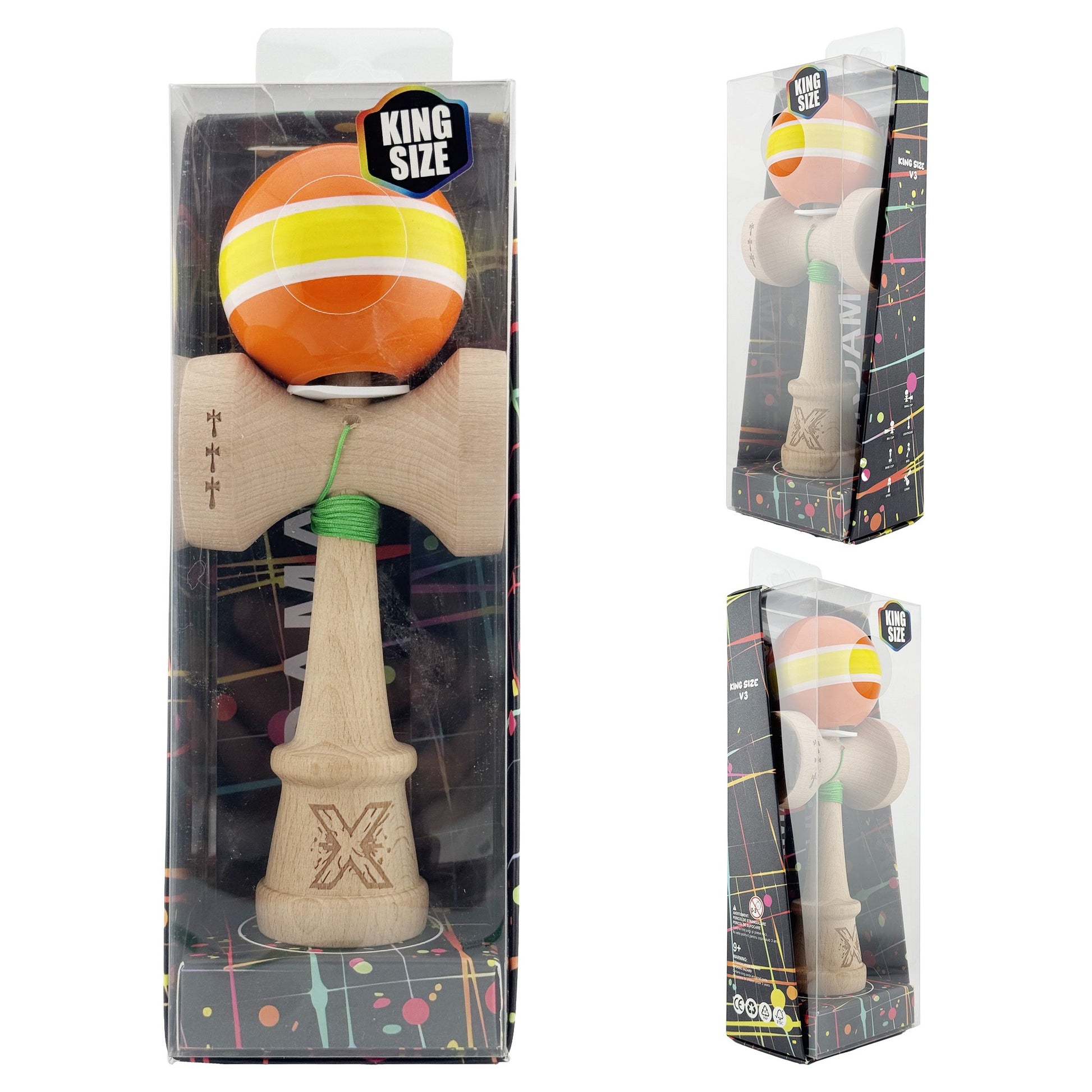 Kendama X Originala, Model V3 Portocaliu / Alb / Galben / Alb / Portocaliu, Profesionala, Cupe Mari King Size, Super Sticky, Gaura in Baza, Rulment, Ata 62cm