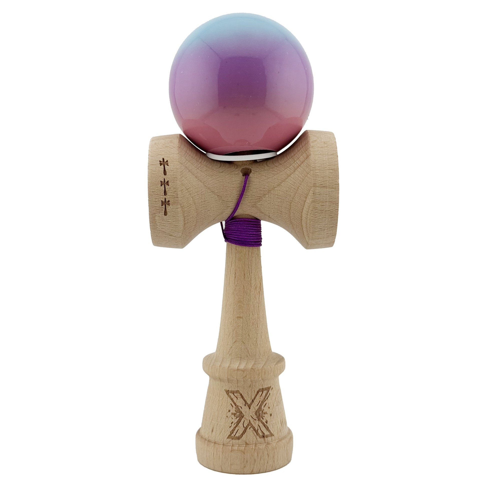 Kendama X Originala, Model V3 Albastru / Mov / Roz in Degrade, Profesionala, Cupe Mari King Size, Super Sticky, Gaura in Baza, Rulment, Ata 62cm